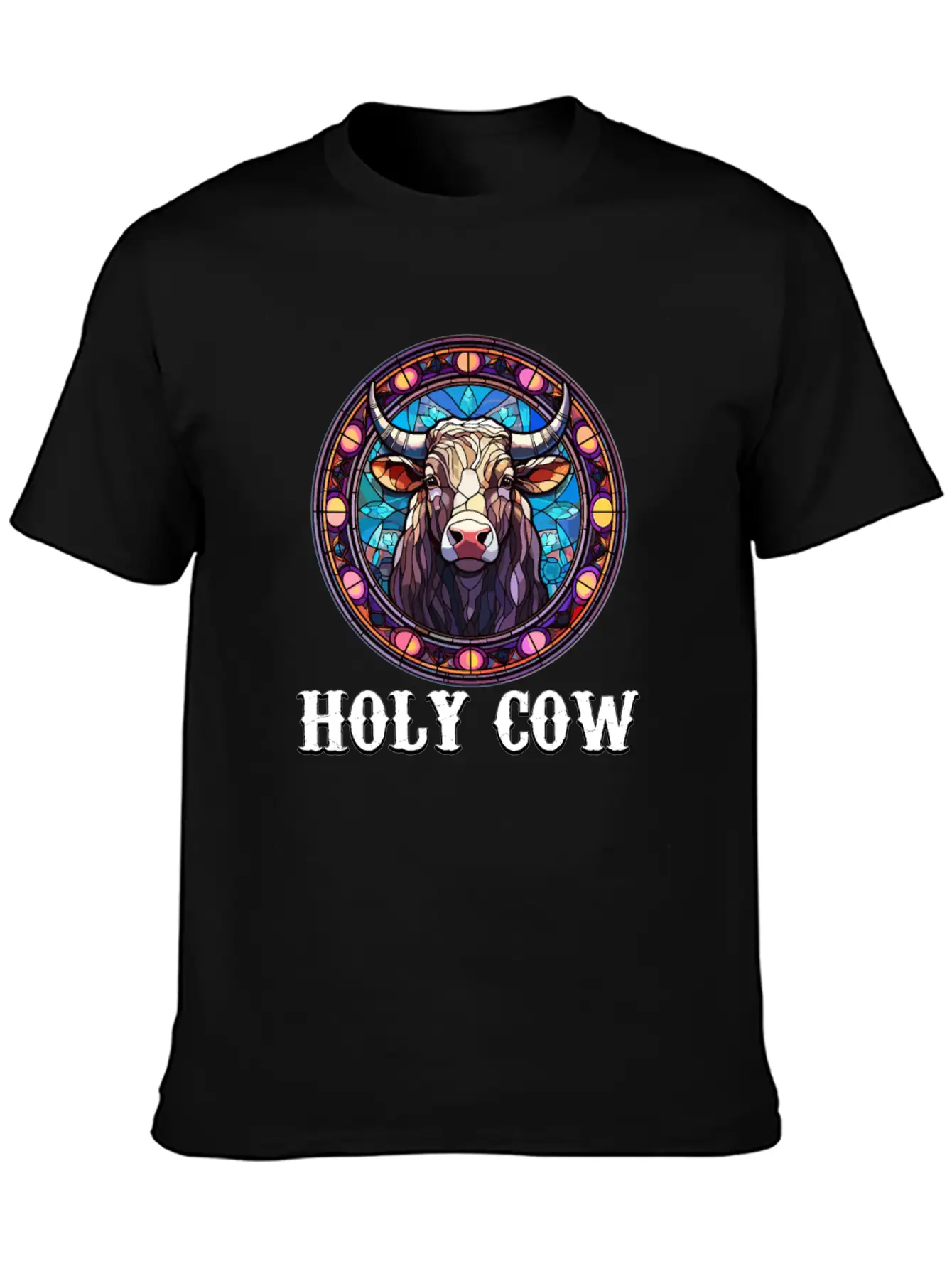 Stained Glass Art - Stylish Colorful Funny Cow Relaxed Everyday Tee – Lightweight And Durable Cotton