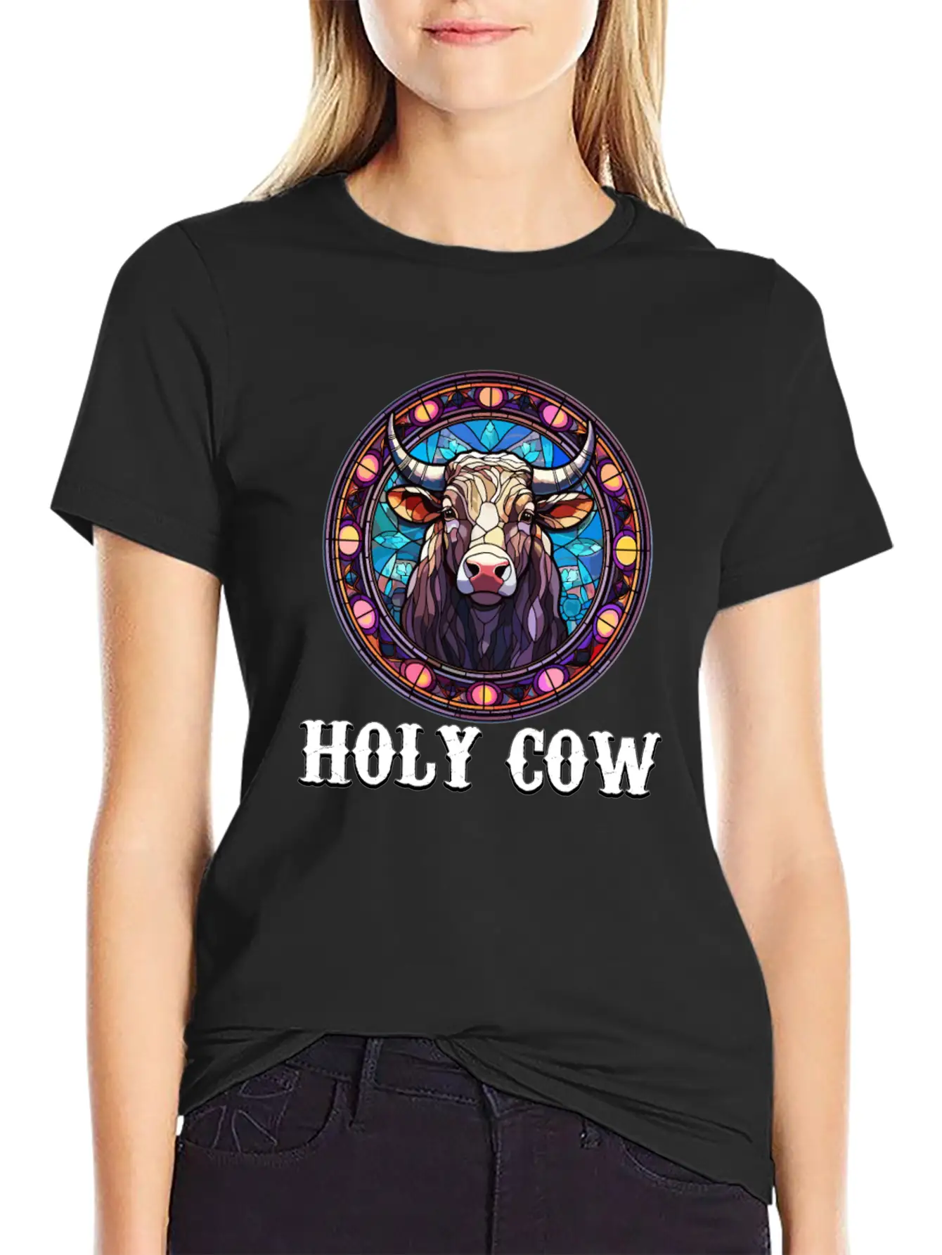 Stained Glass Art - Stylish Colorful Funny Cow Relaxed Everyday Tee – Lightweight And Durable Cotton