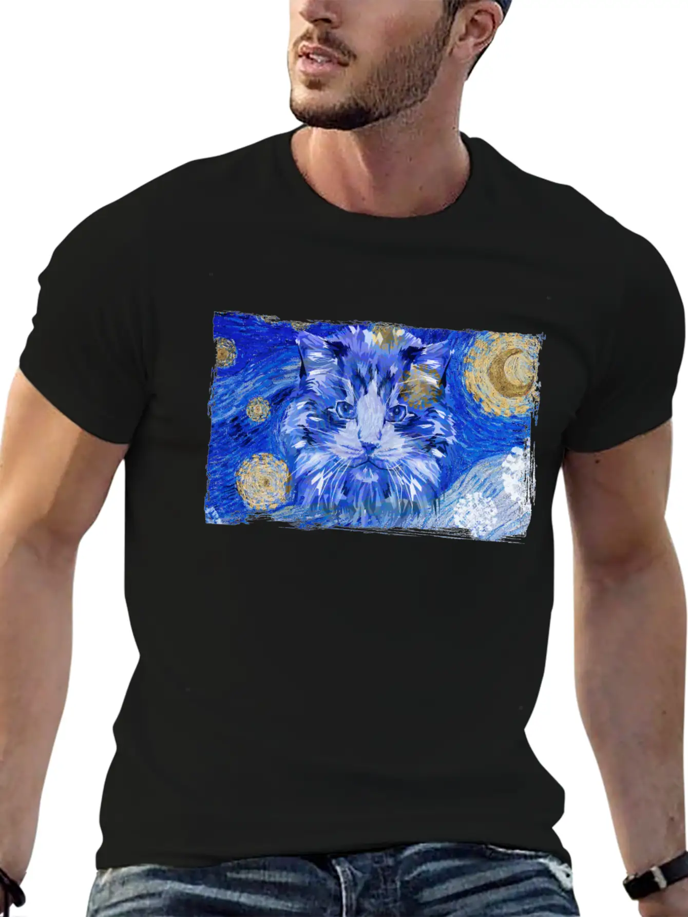 Starry Night Cat Basic Graphic T-Shirt – Daily Comfort In Soft Cotton