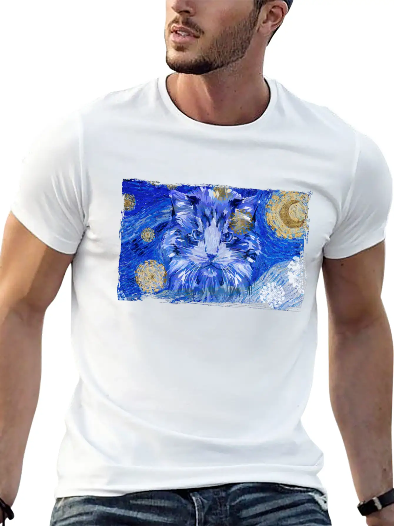 Starry Night Cat Basic Graphic T-Shirt – Daily Comfort In Soft Cotton