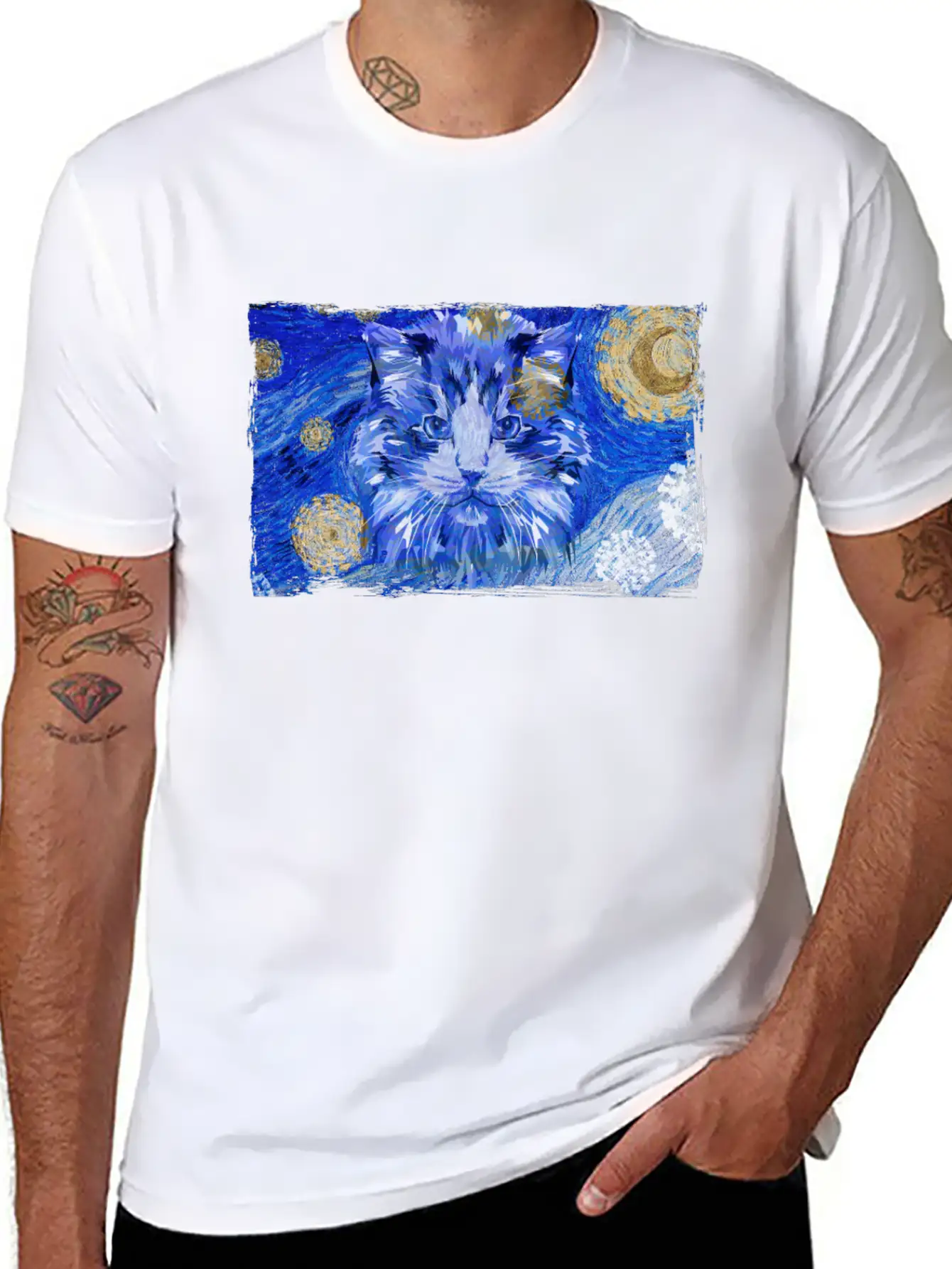 Starry Night Cat Basic Graphic T-Shirt – Daily Comfort In Soft Cotton