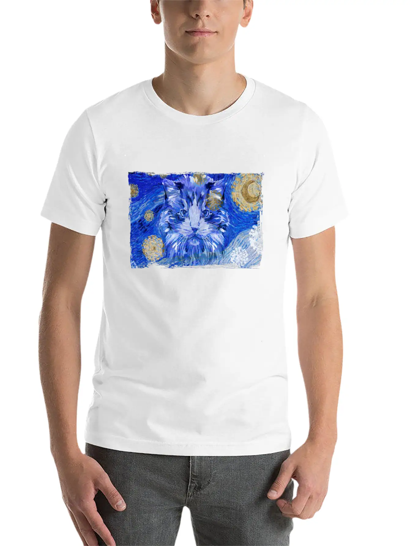 Starry Night Cat Basic Graphic T-Shirt – Daily Comfort In Soft Cotton