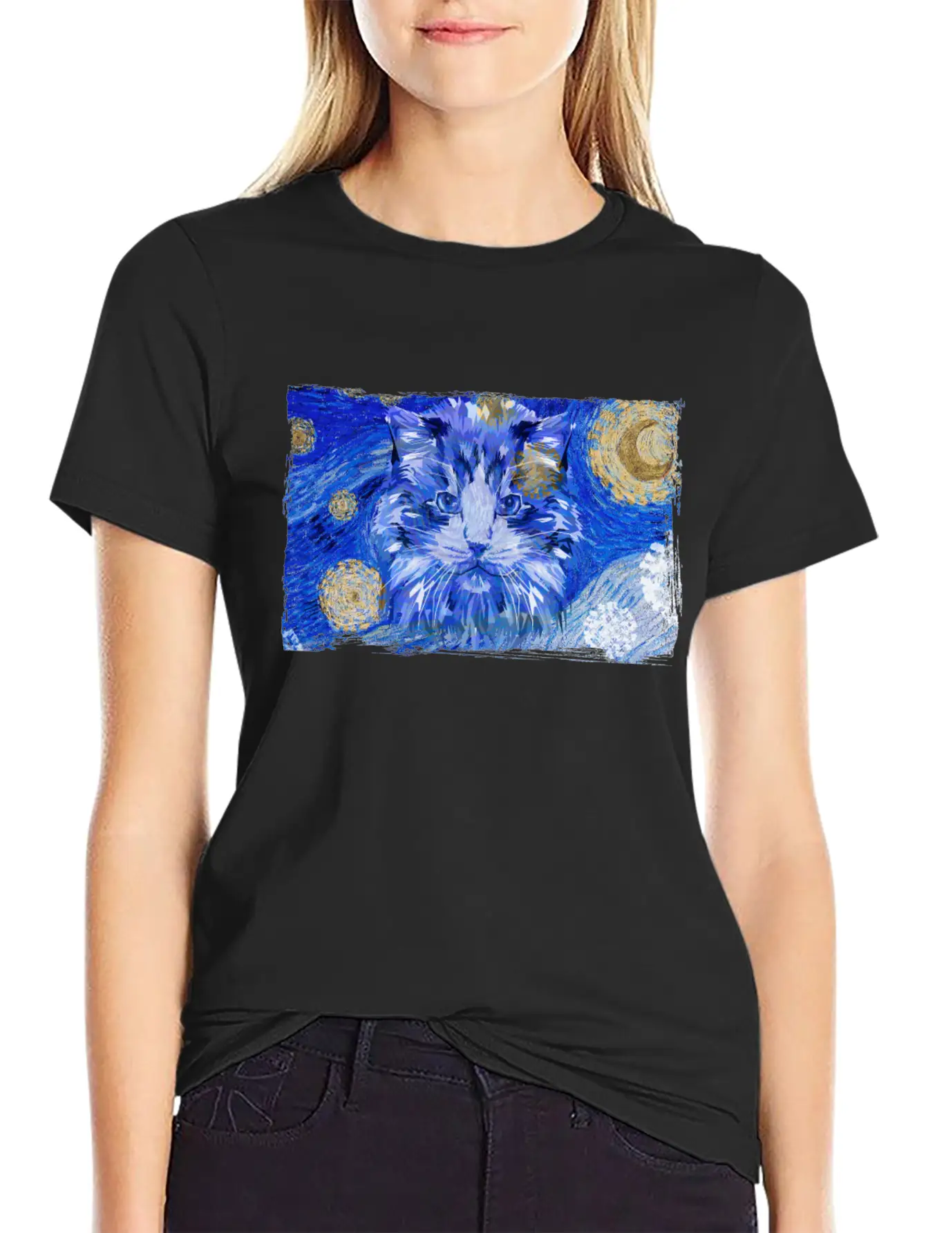 Starry Night Cat Basic Graphic T-Shirt – Daily Comfort In Soft Cotton