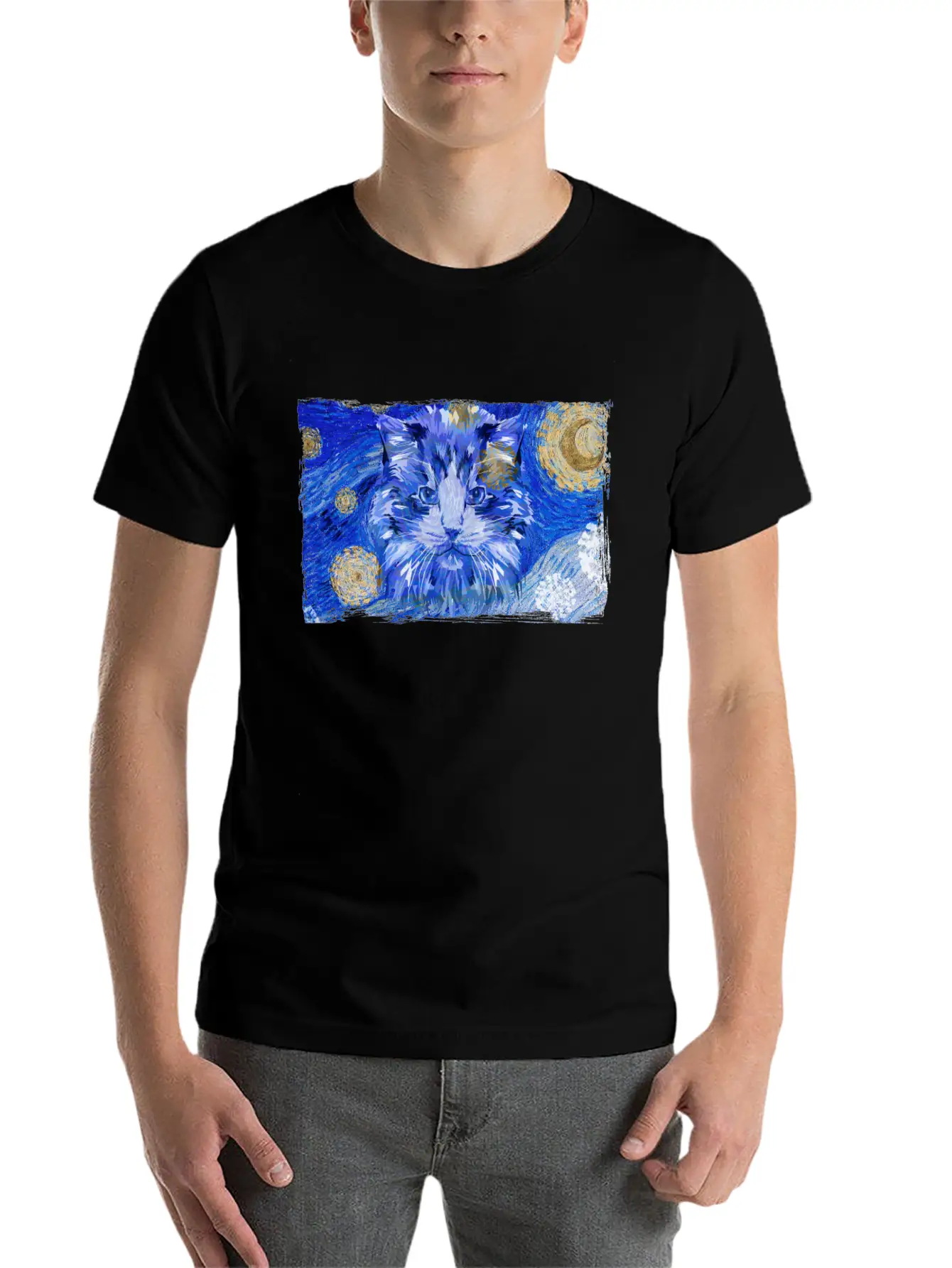 Starry Night Cat Basic Graphic T-Shirt – Daily Comfort In Soft Cotton
