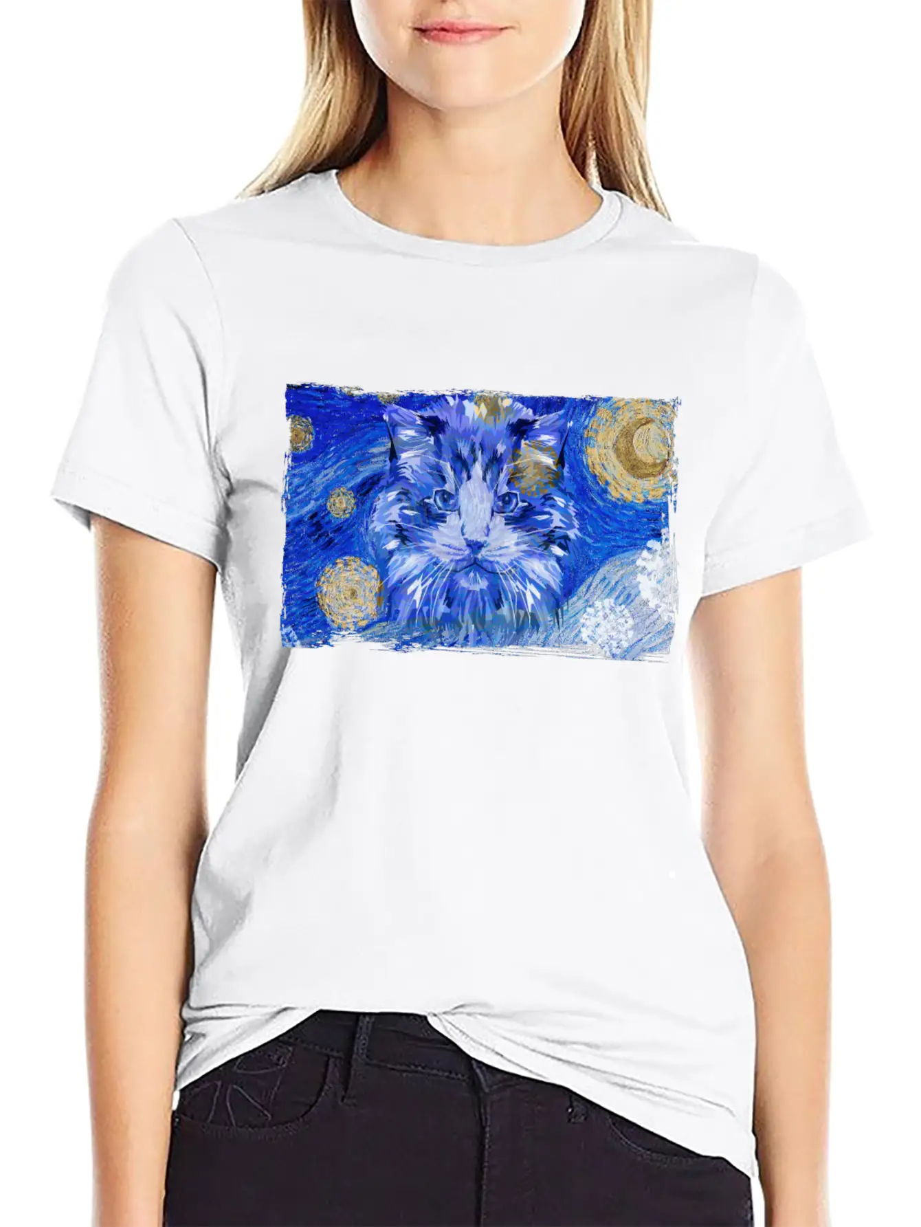 Starry Night Cat Basic Graphic T-Shirt – Daily Comfort In Soft Cotton