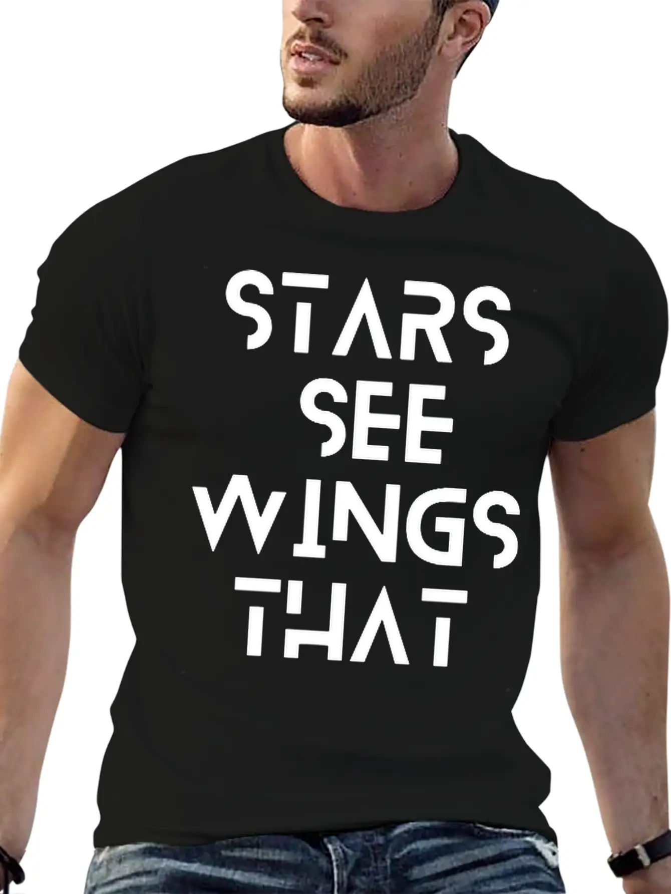 Stars See Wings—white On Black. Unisex Short Sleeve Soft Cotton T-Shirt – Casual Everyday Wear