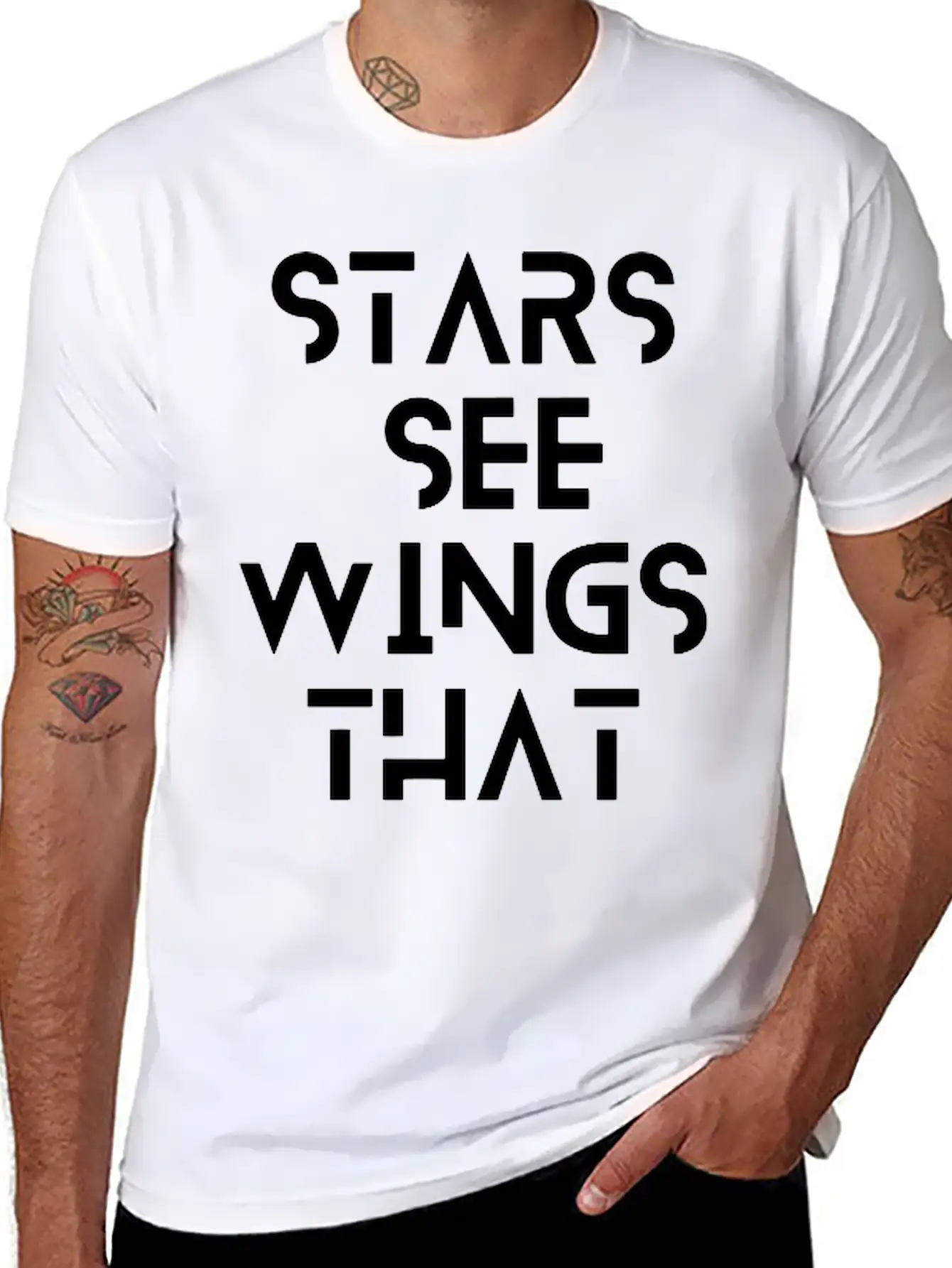 Stars See Wings—white On Black. Unisex Short Sleeve Soft Cotton T-Shirt – Casual Everyday Wear
