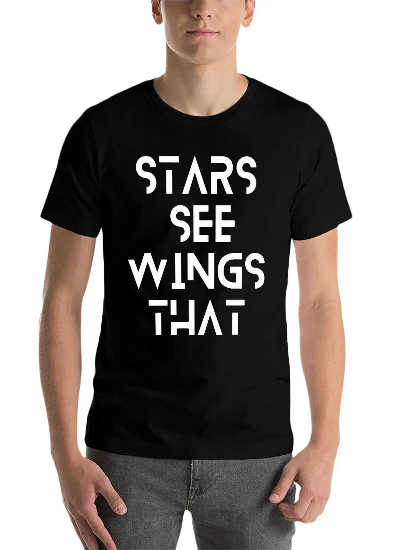 Stars See Wings—white On Black. Unisex Short Sleeve Soft Cotton T-Shirt – Casual Everyday Wear