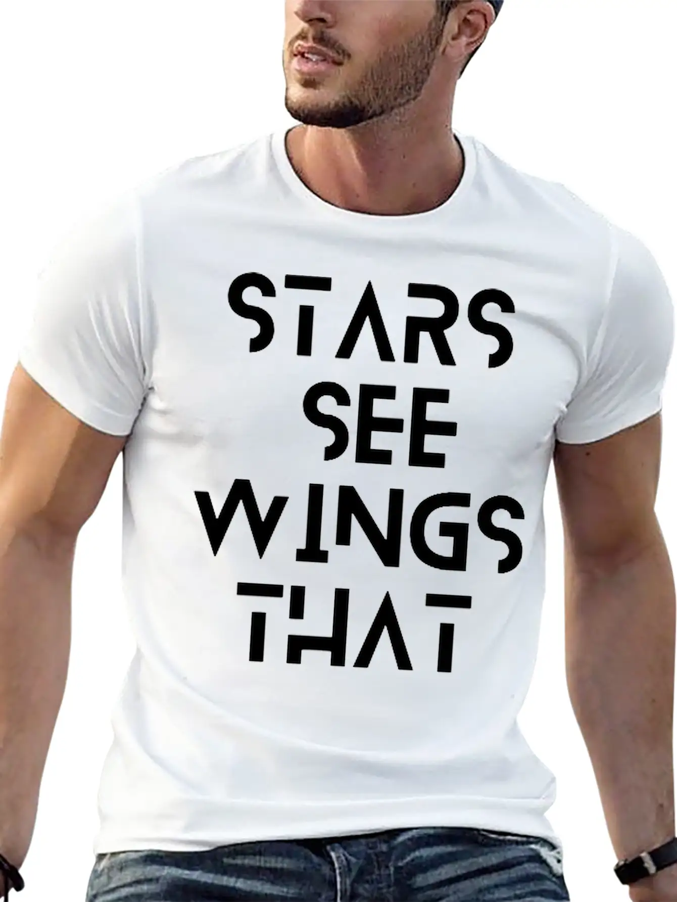 Stars See Wings—white On Black. Unisex Short Sleeve Soft Cotton T-Shirt – Casual Everyday Wear