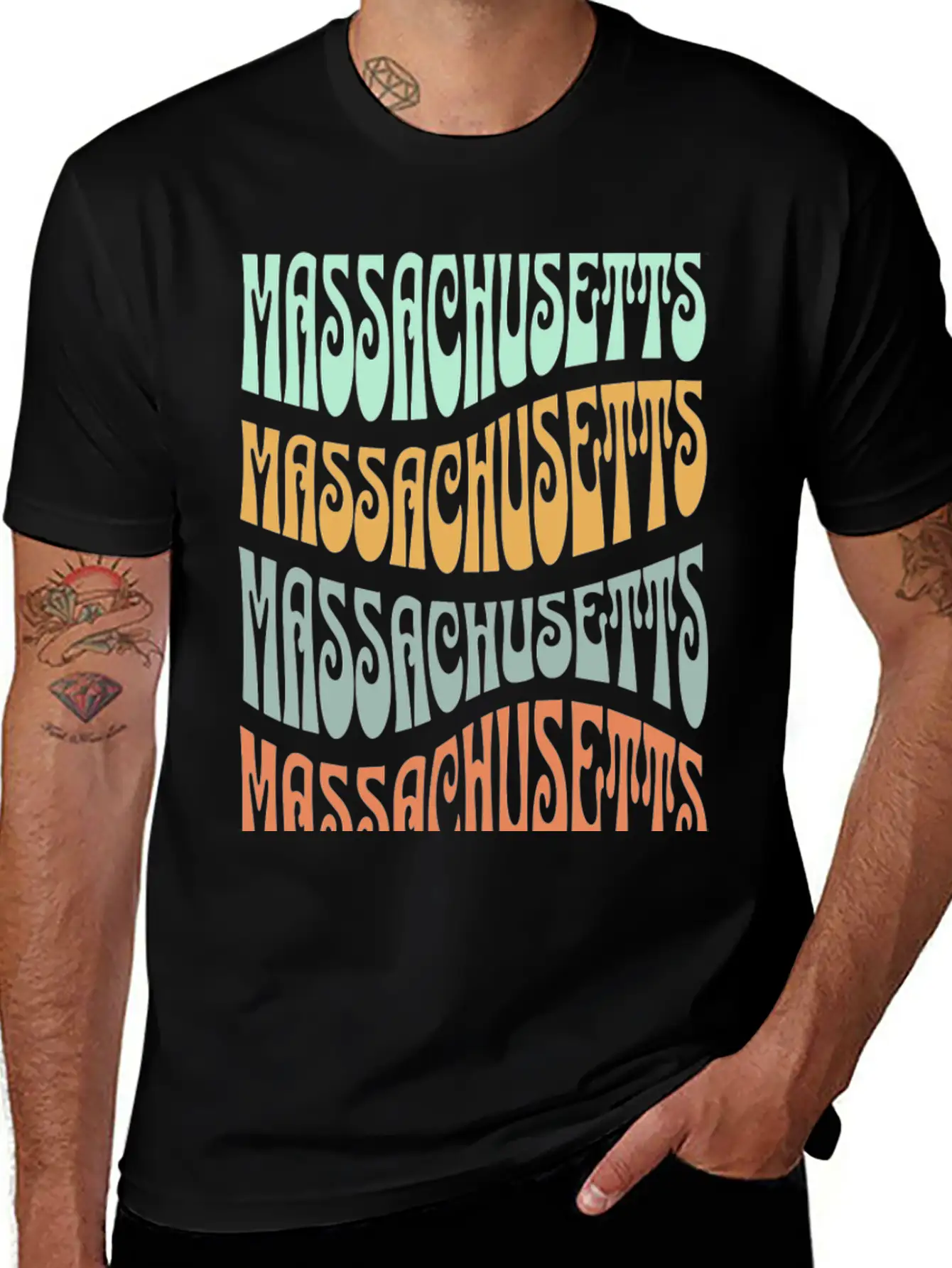 State Of Massachusetts Retro Aesthetic Groovy Font Stylish Everyday T-Shirt – Unisex Basic Cotton Tee