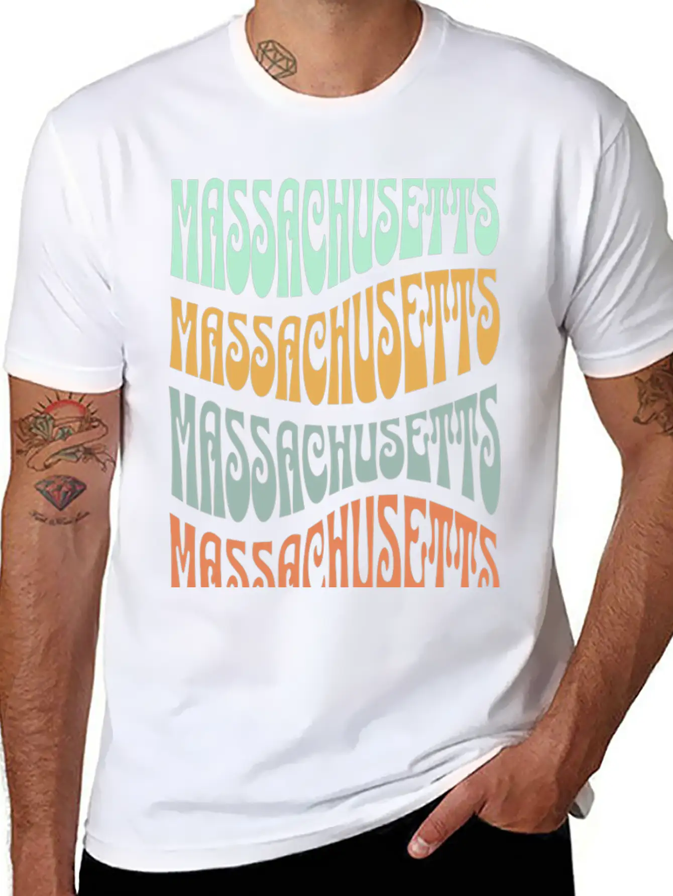 State Of Massachusetts Retro Aesthetic Groovy Font Stylish Everyday T-Shirt – Unisex Basic Cotton Tee