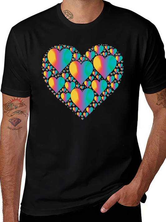 Rainbow Heart Cluster Graphic Tee - Black Cotton T-Shirt