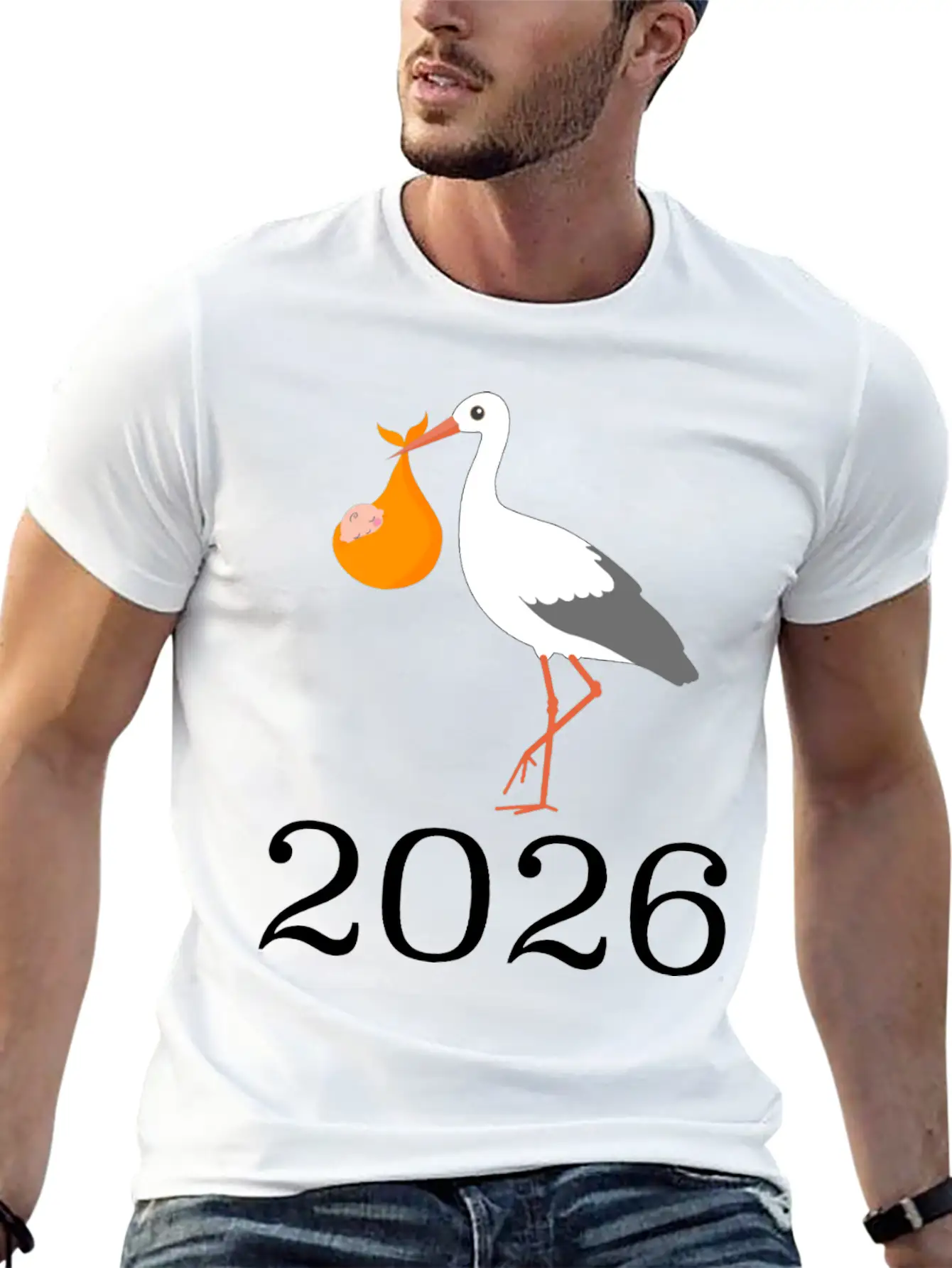 Stork And Baby 2026 Arrival Celebration Unisex Short Sleeve Soft Cotton T-Shirt – Casual Everyday Wear