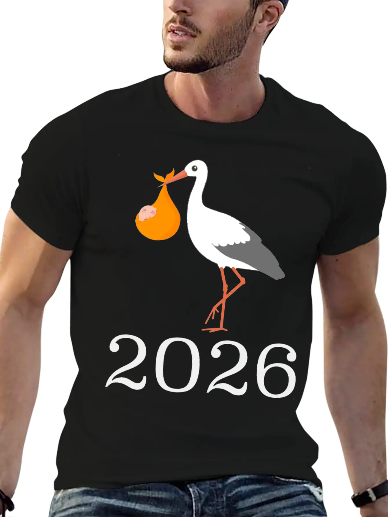 Stork And Baby 2026 Arrival Celebration Unisex Short Sleeve Soft Cotton T-Shirt – Casual Everyday Wear