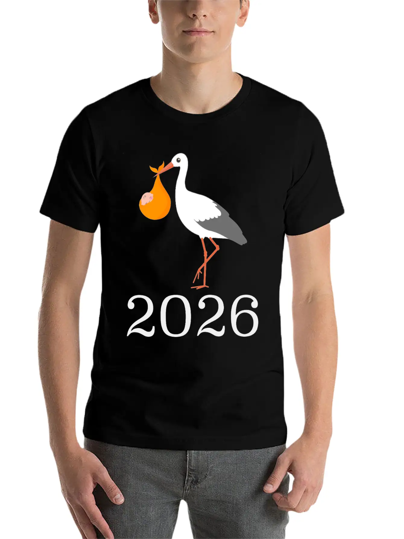 Stork And Baby 2026 Arrival Celebration Unisex Short Sleeve Soft Cotton T-Shirt – Casual Everyday Wear
