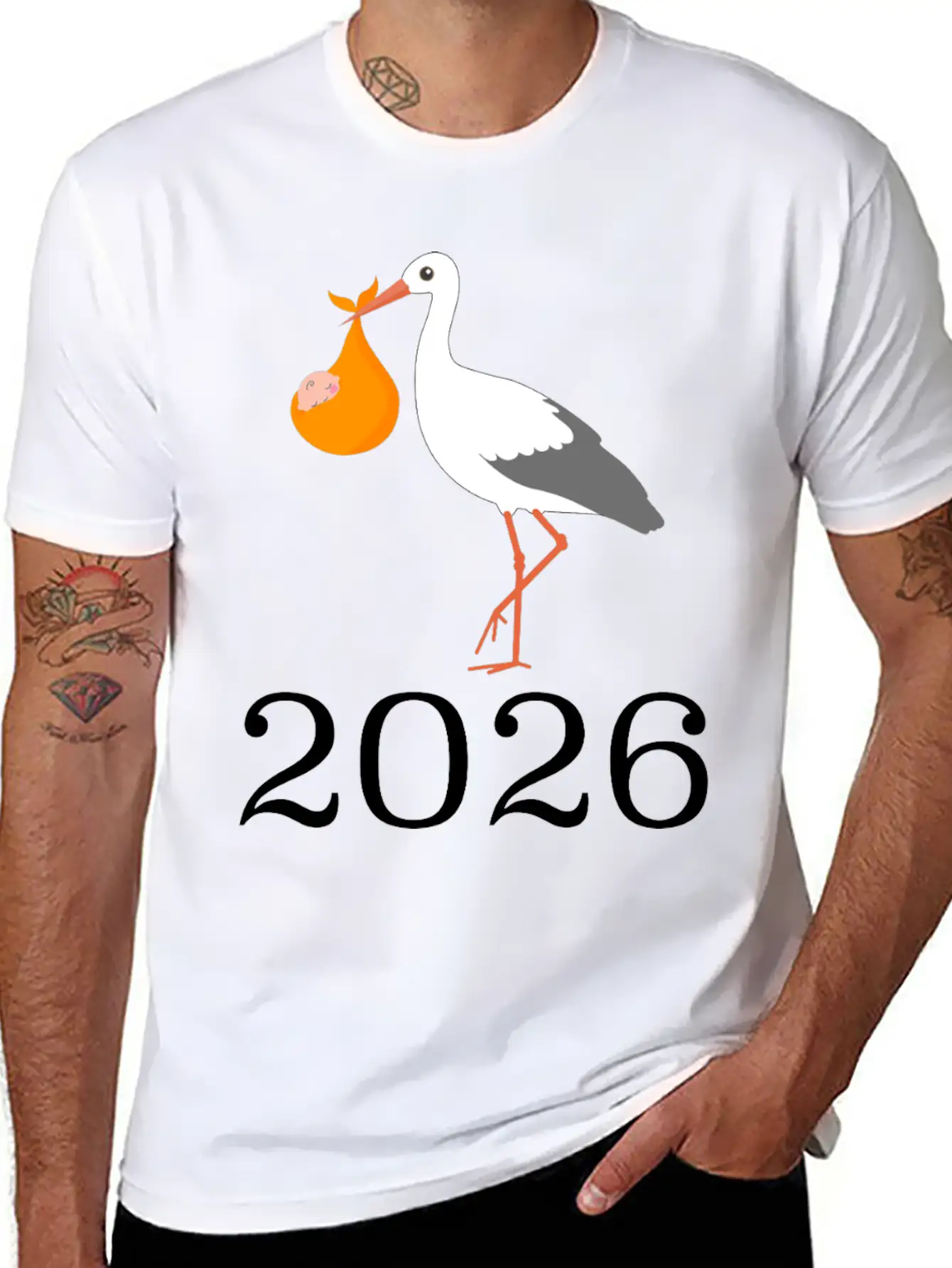 Stork And Baby 2026 Arrival Celebration Unisex Short Sleeve Soft Cotton T-Shirt – Casual Everyday Wear
