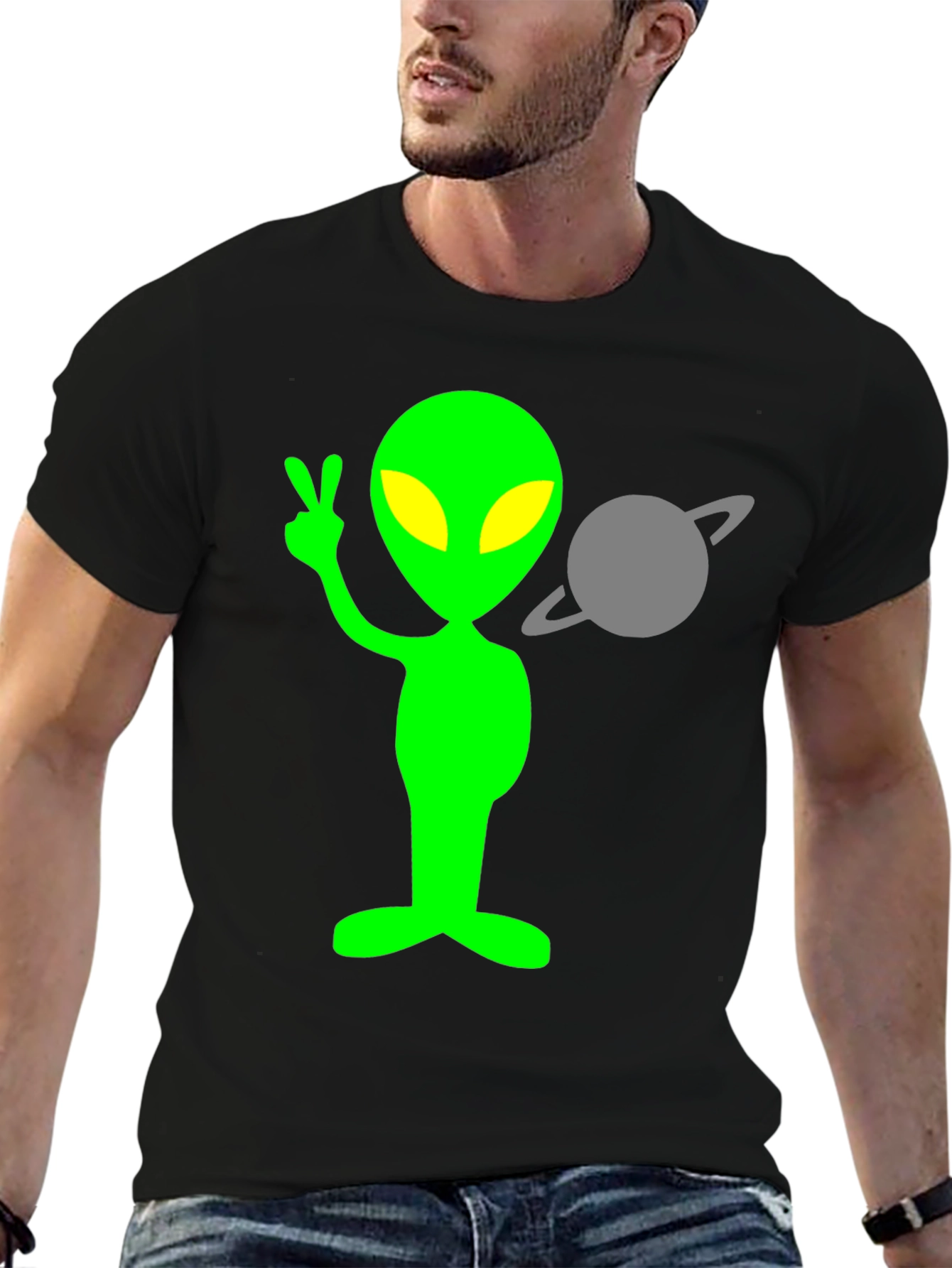 Alien Peace Sign T-Shirt - Black Cotton