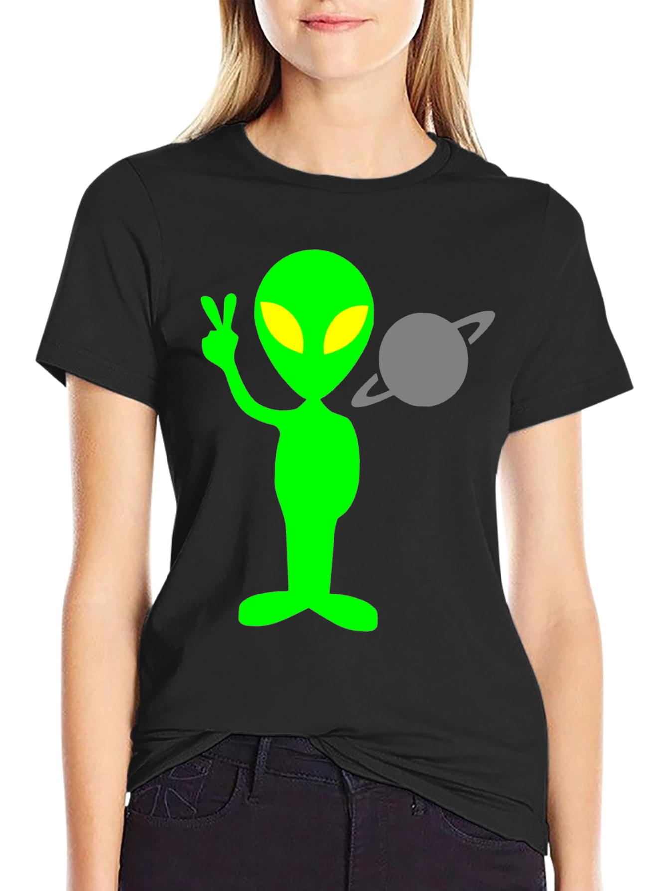 Alien Peace Sign T-Shirt - Black Cotton