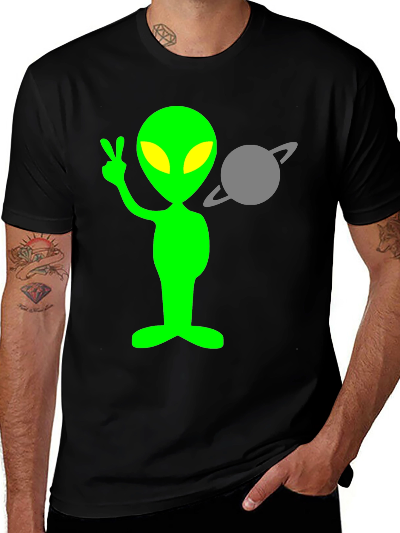 Alien Peace Sign T-Shirt - Black Cotton