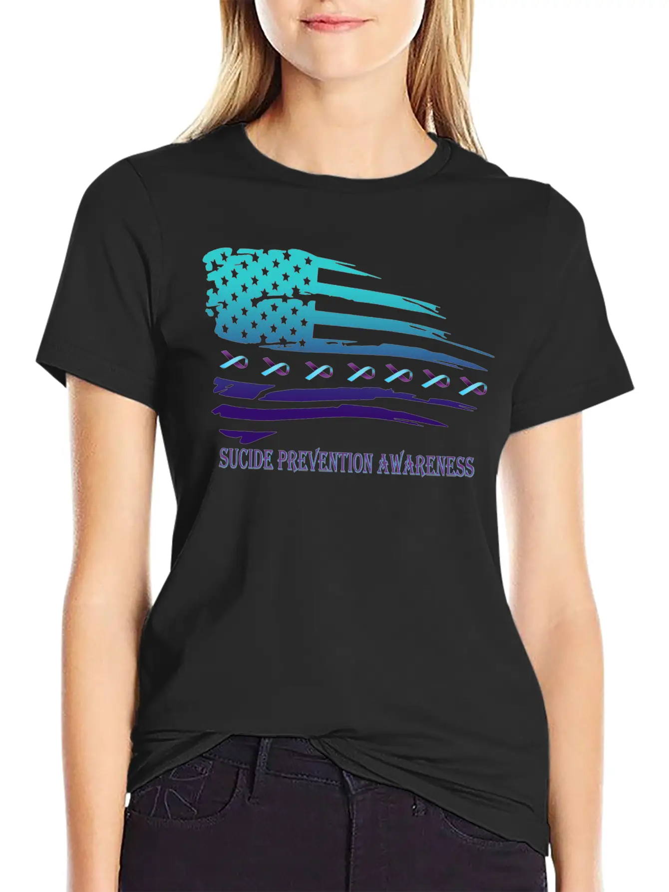 Suicide Prevention Awareness USA Flag Unisex Short Sleeve Soft Cotton T-Shirt – Casual Everyday Wear