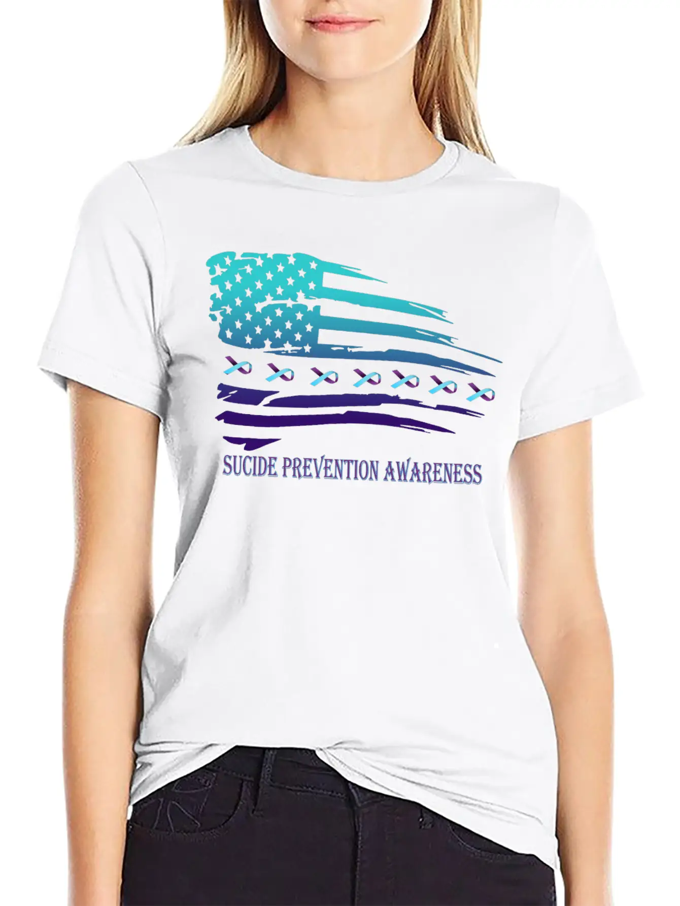 Suicide Prevention Awareness USA Flag Unisex Short Sleeve Soft Cotton T-Shirt – Casual Everyday Wear