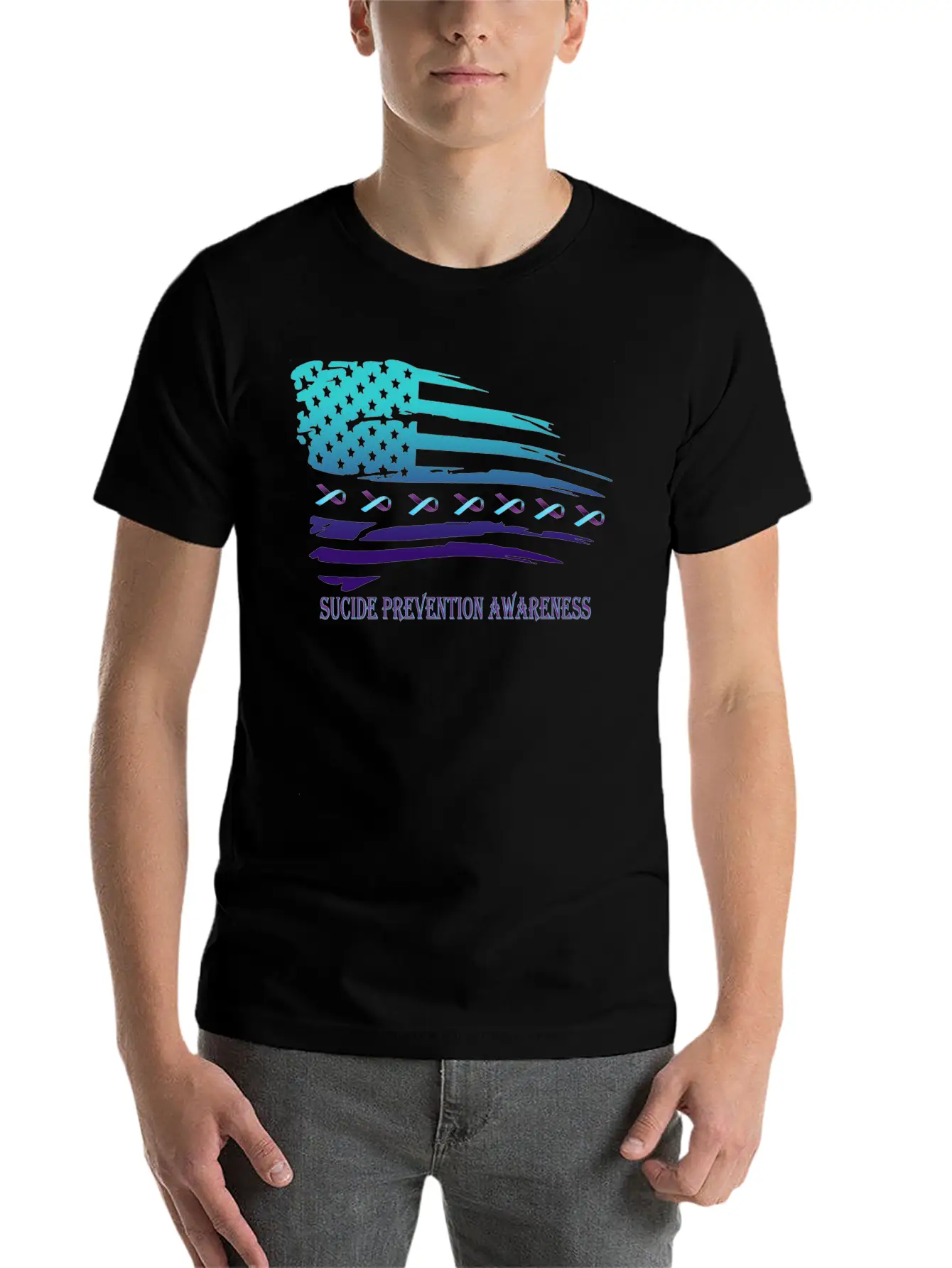 Suicide Prevention Awareness USA Flag Unisex Short Sleeve Soft Cotton T-Shirt – Casual Everyday Wear