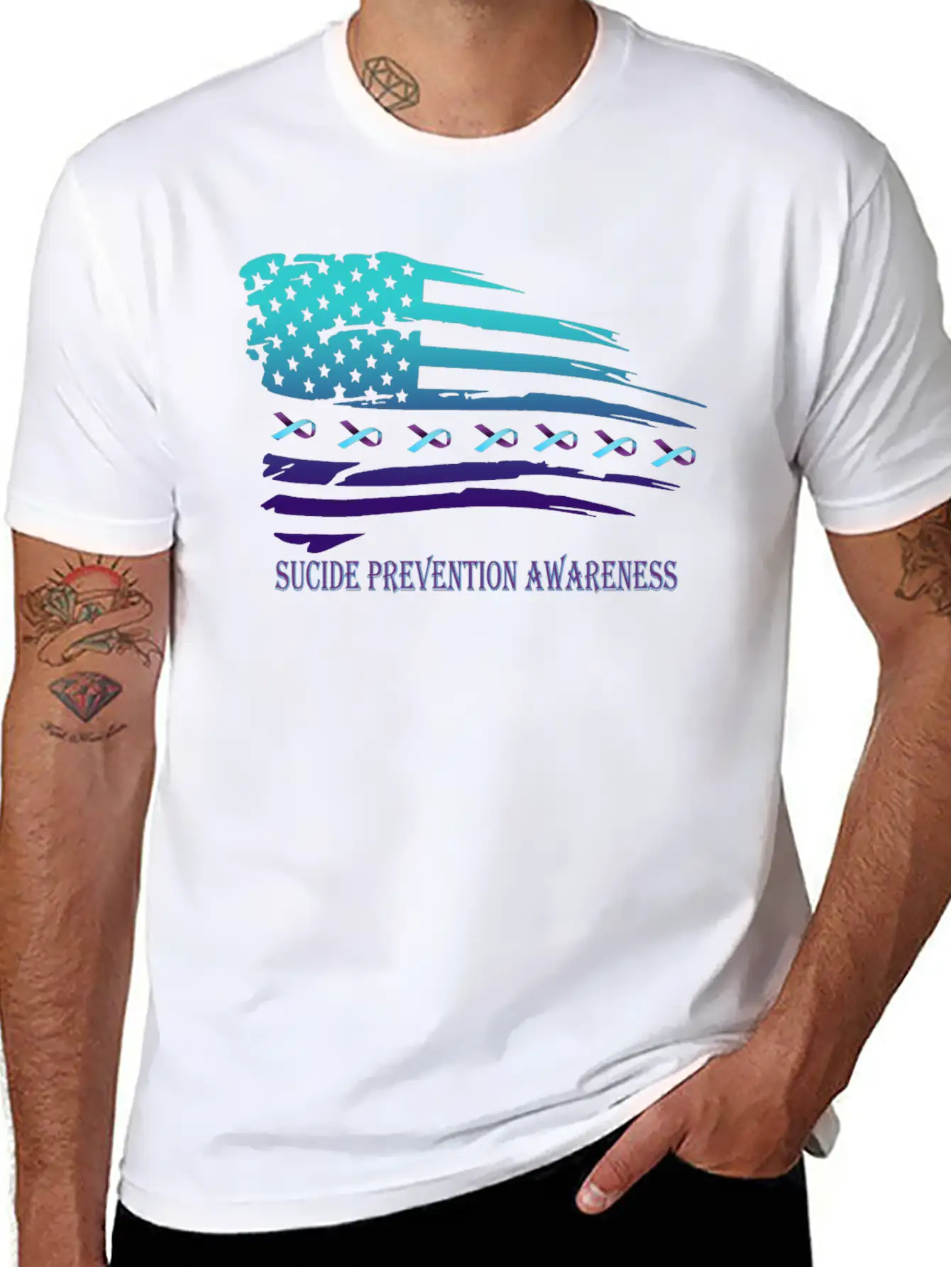 Suicide Prevention Awareness USA Flag Unisex Short Sleeve Soft Cotton T-Shirt – Casual Everyday Wear