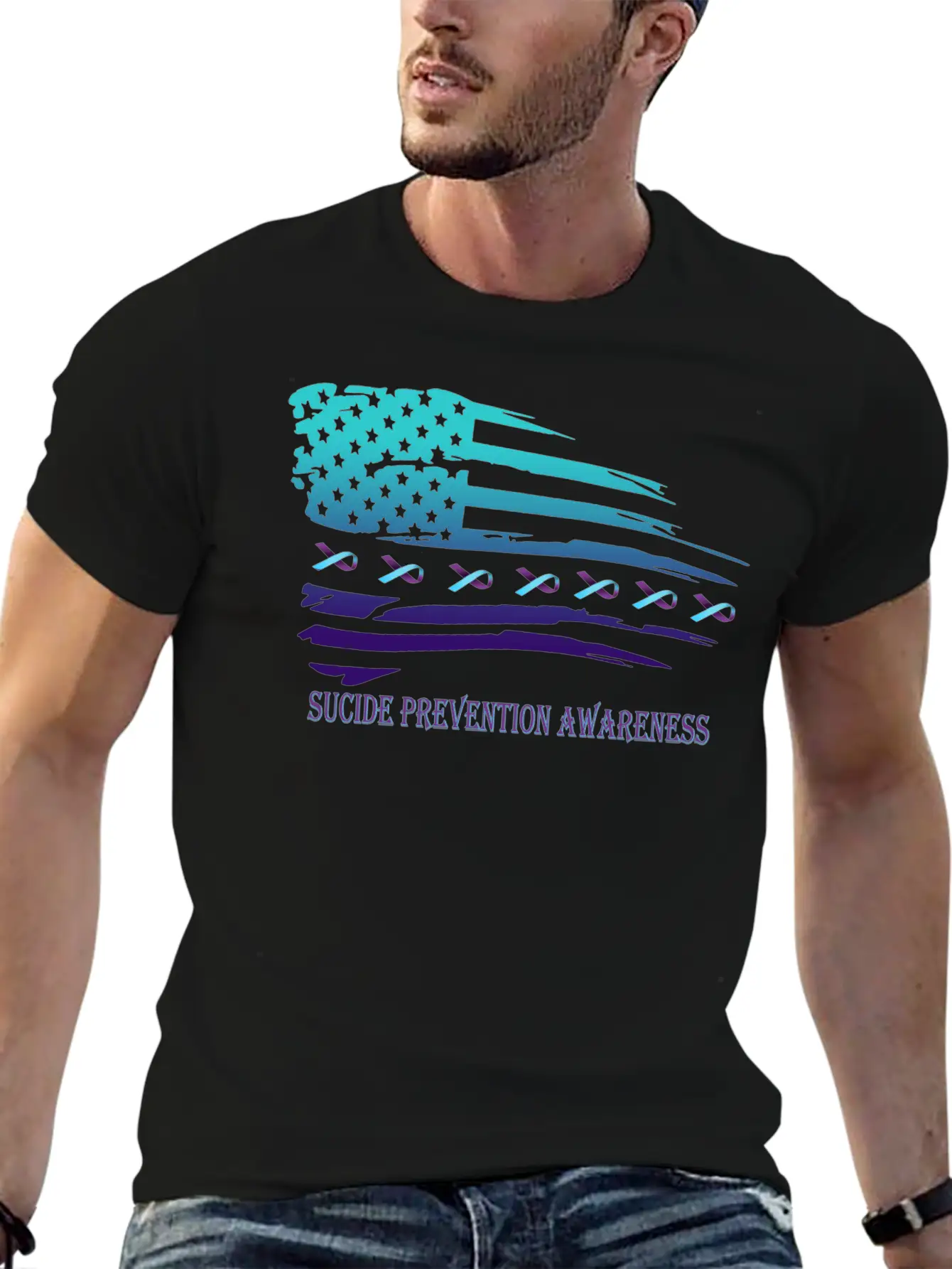 Suicide Prevention Awareness USA Flag Unisex Short Sleeve Soft Cotton T-Shirt – Casual Everyday Wear