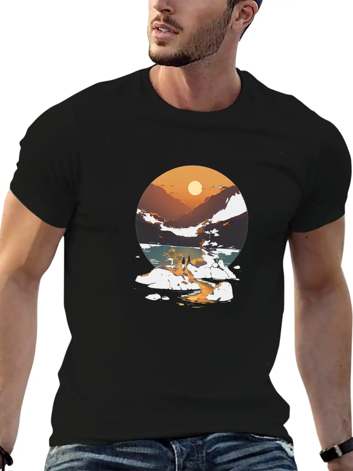 Sunset Mountain Landscape Basic Graphic T-Shirt – Daily Comfort In Soft Cotton