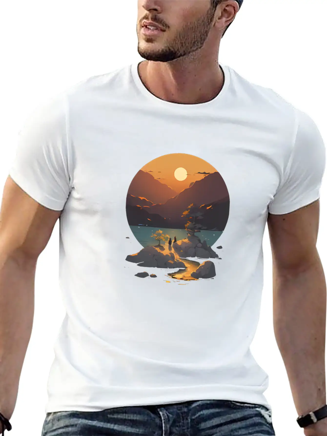 Sunset Mountain Landscape Basic Graphic T-Shirt – Daily Comfort In Soft Cotton