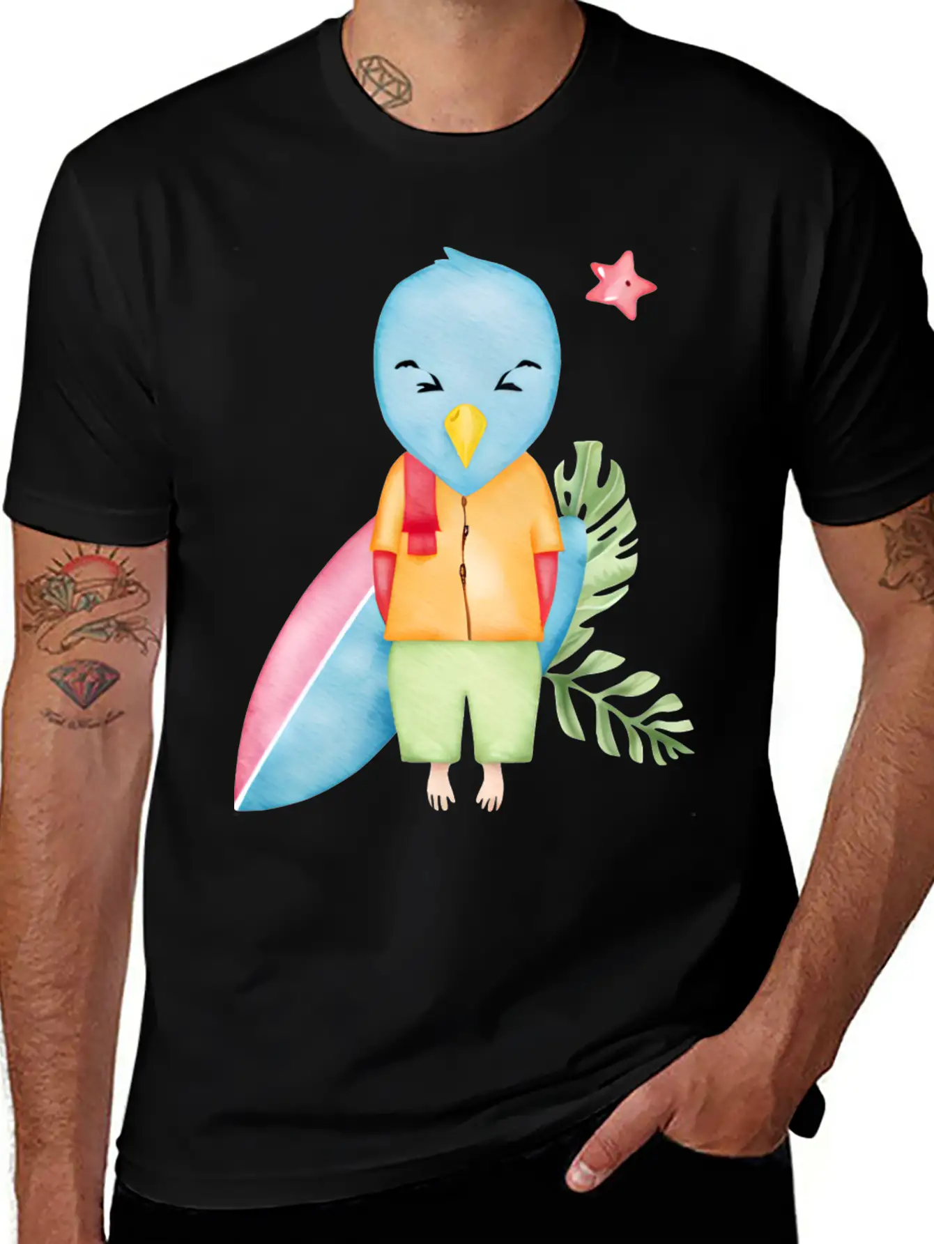 Surfing Blue Bird Watercolor Stylish Everyday T-Shirt – Unisex Basic Cotton Tee