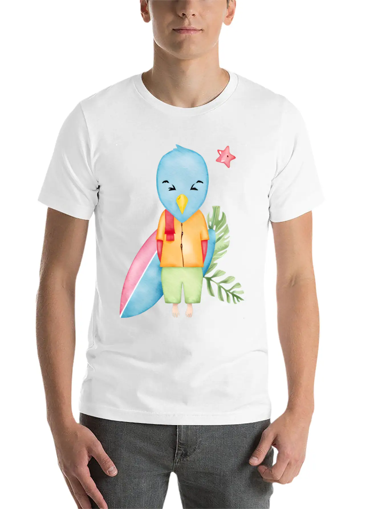 Surfing Blue Bird Watercolor Stylish Everyday T-Shirt – Unisex Basic Cotton Tee