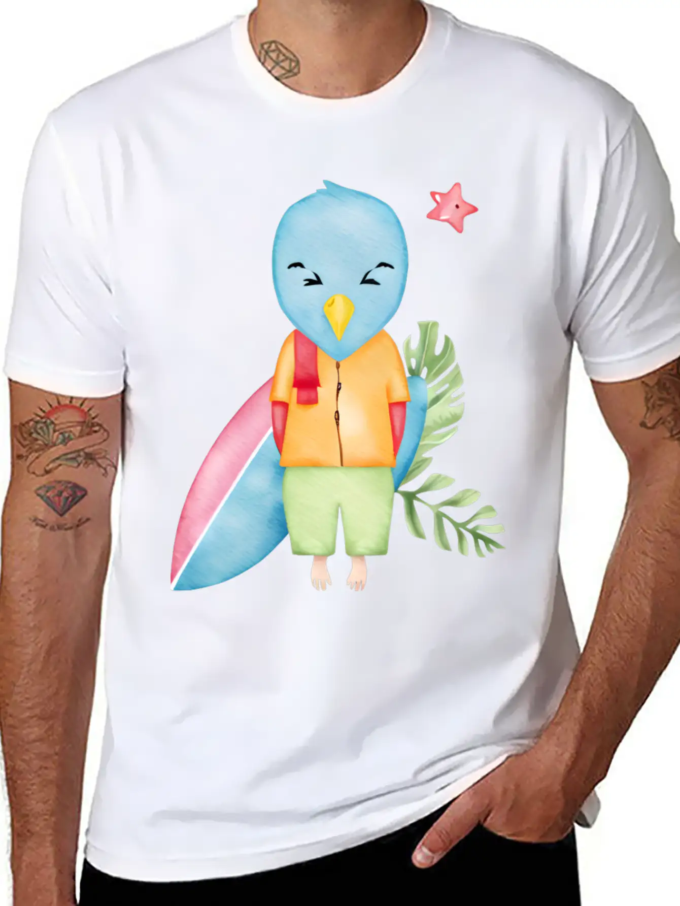 Surfing Blue Bird Watercolor Stylish Everyday T-Shirt – Unisex Basic Cotton Tee