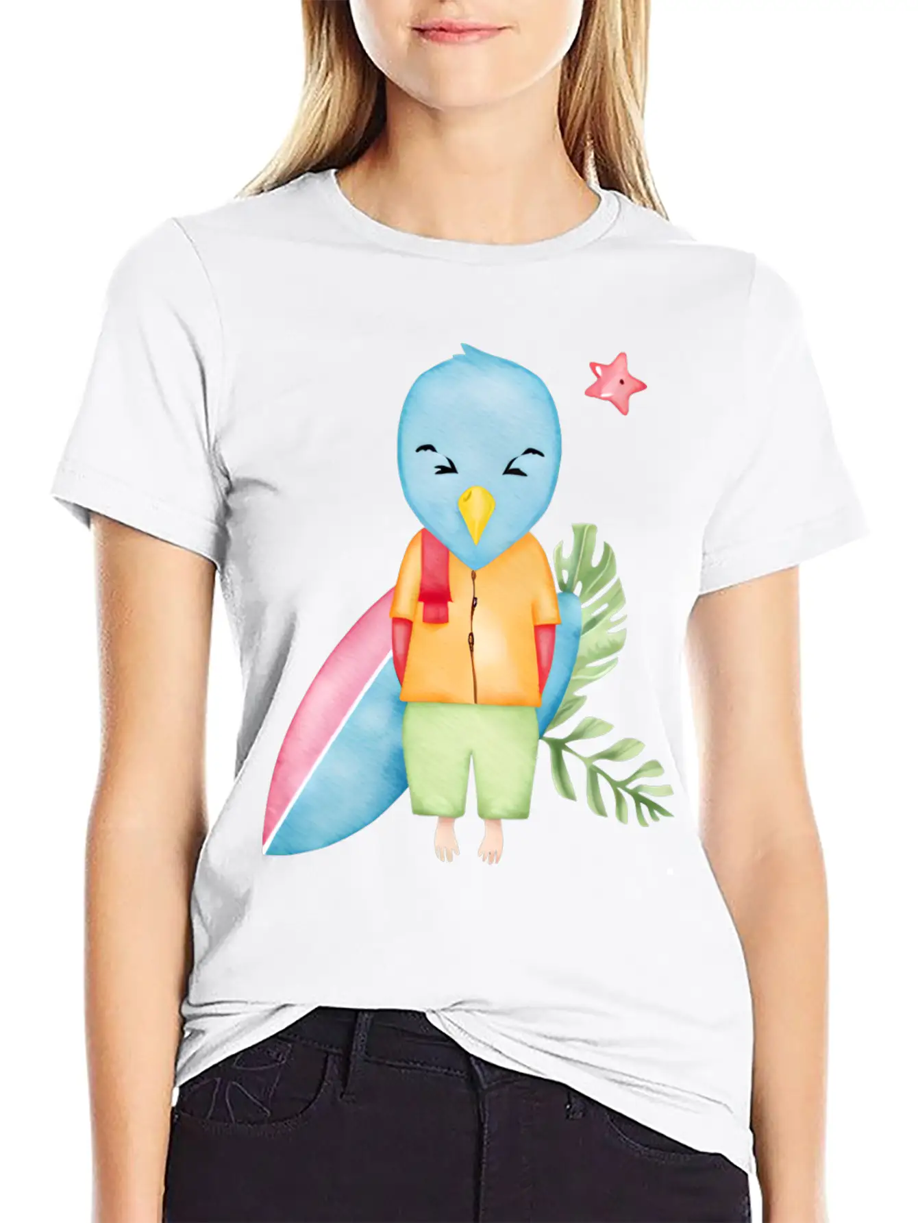 Surfing Blue Bird Watercolor Stylish Everyday T-Shirt – Unisex Basic Cotton Tee