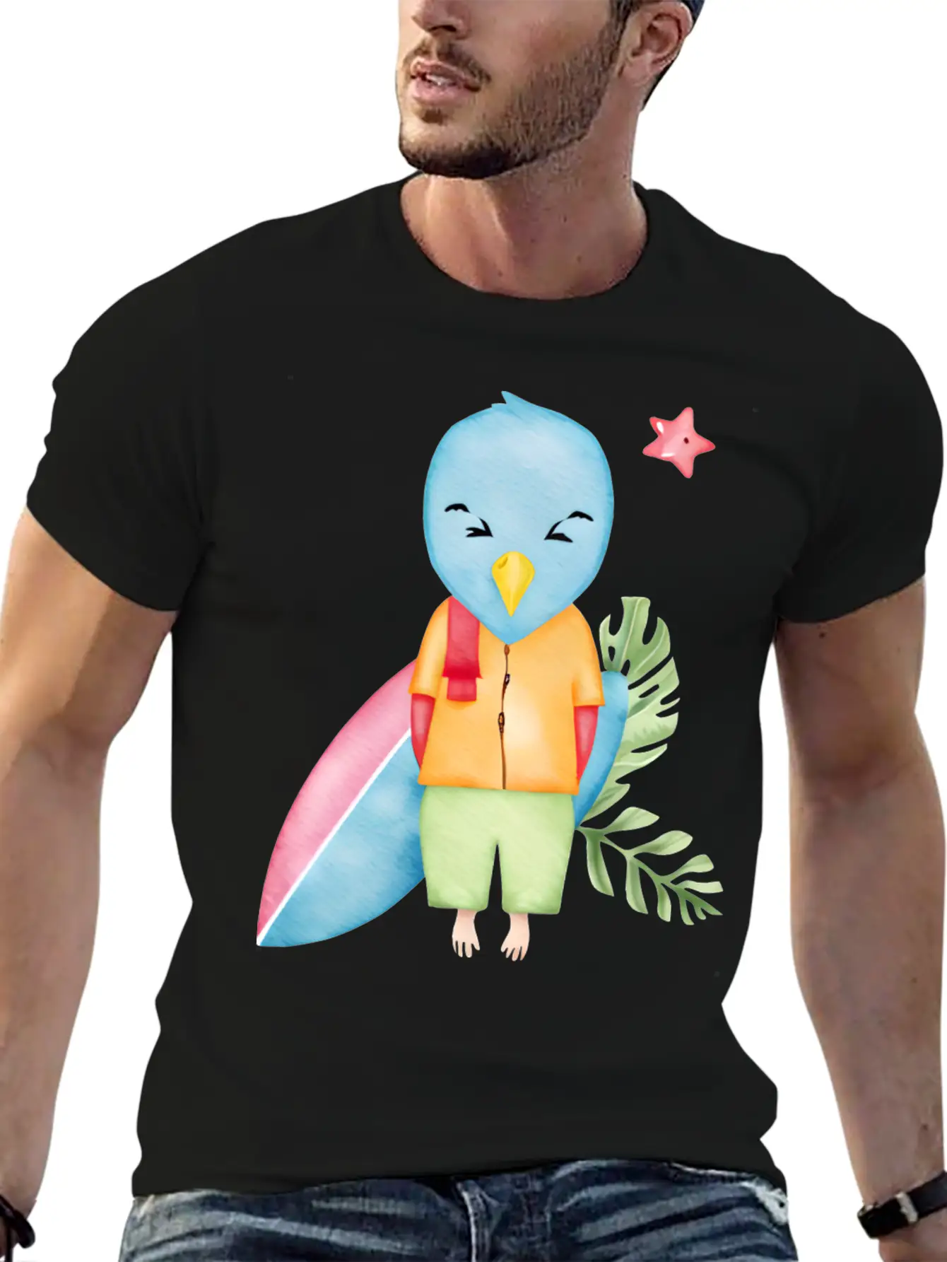 Surfing Blue Bird Watercolor Stylish Everyday T-Shirt – Unisex Basic Cotton Tee