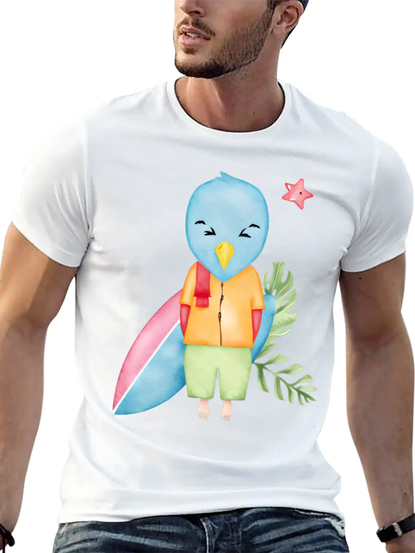 Surfing Blue Bird Watercolor Stylish Everyday T-Shirt – Unisex Basic Cotton Tee
