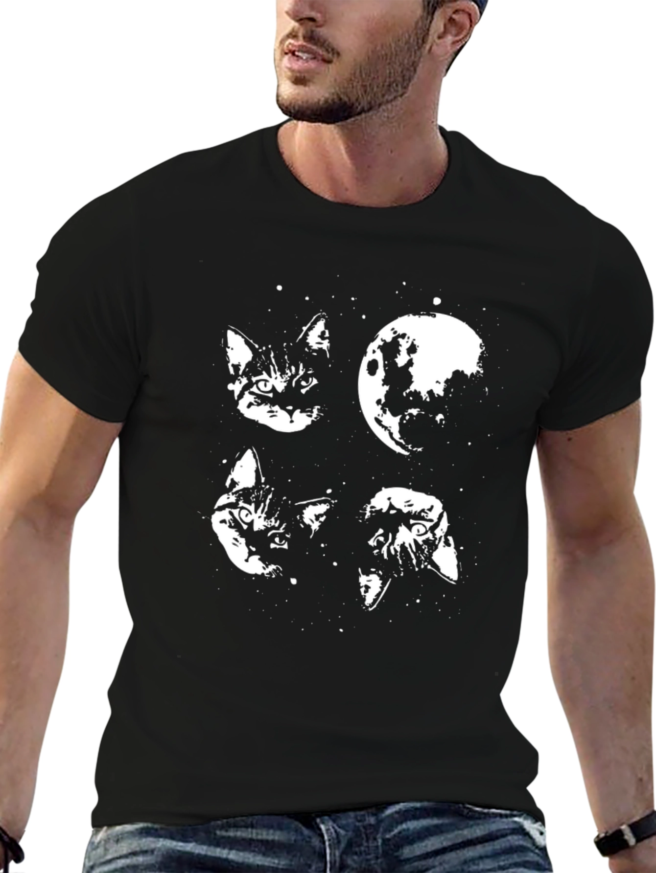 Cat & Moon Graphic Tee - Black
