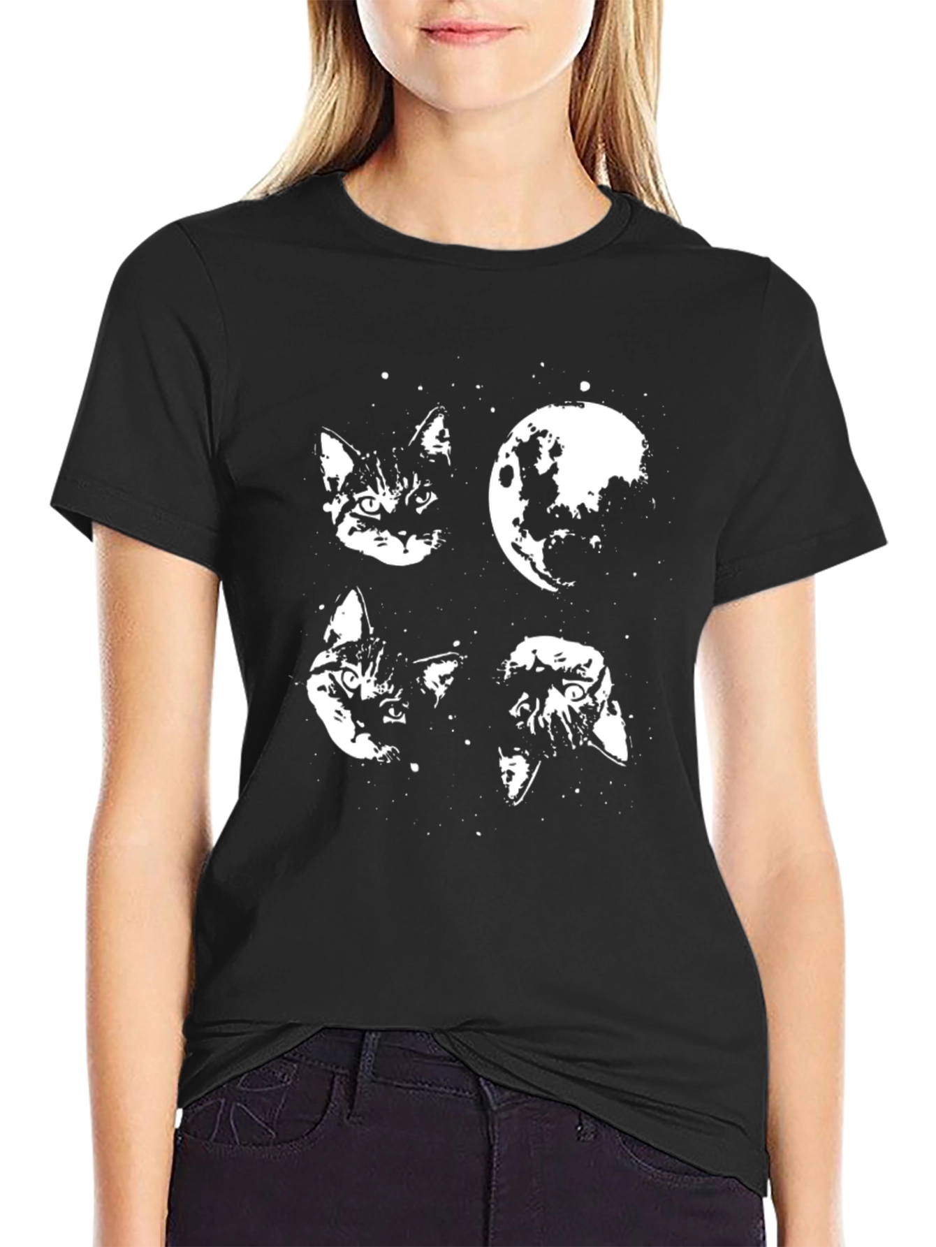 Cat & Moon Graphic Tee - Black