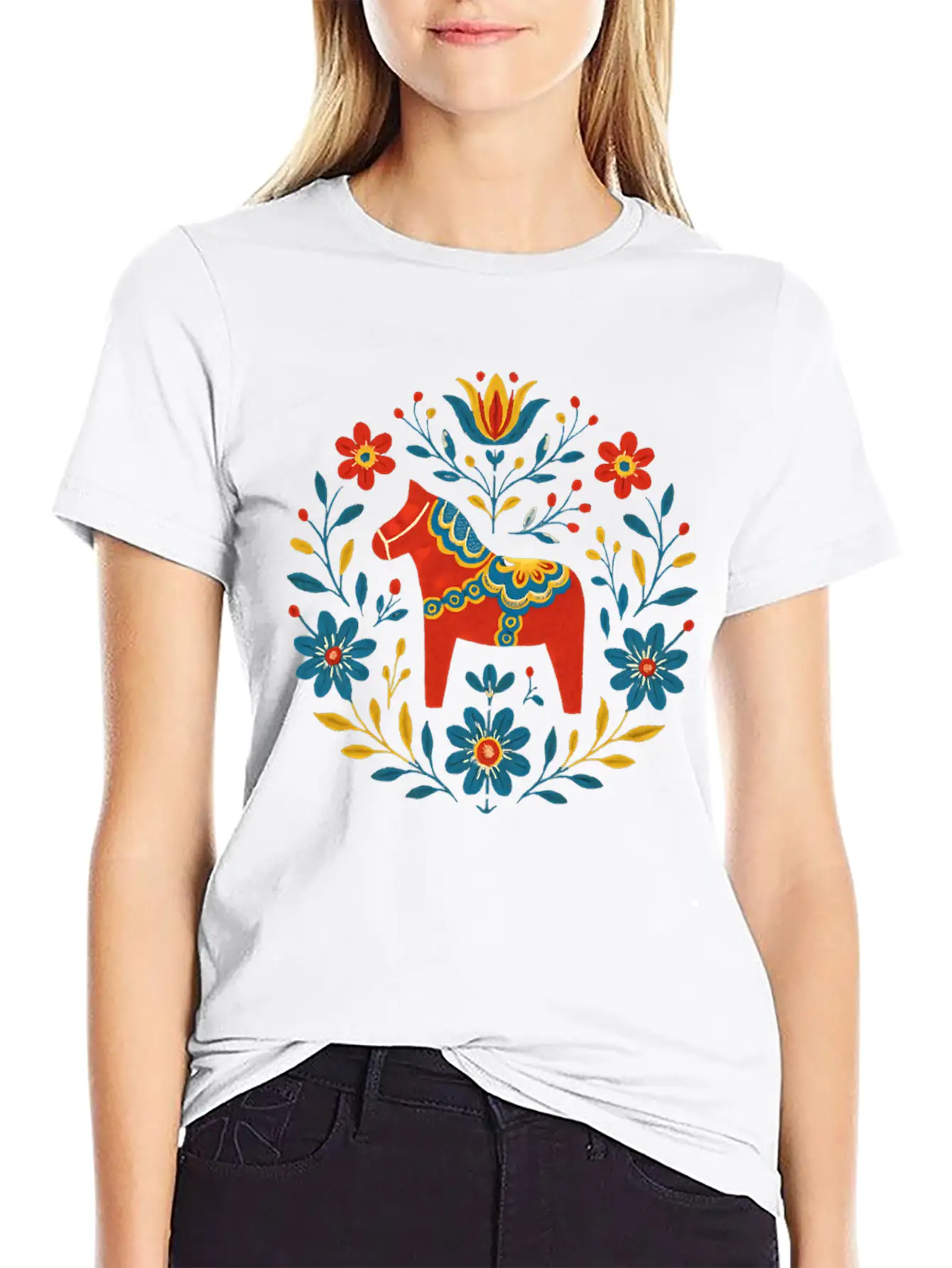 Swedish Dala Horse Folk Art Design Stylish Everyday T-Shirt – Unisex Basic Cotton Tee