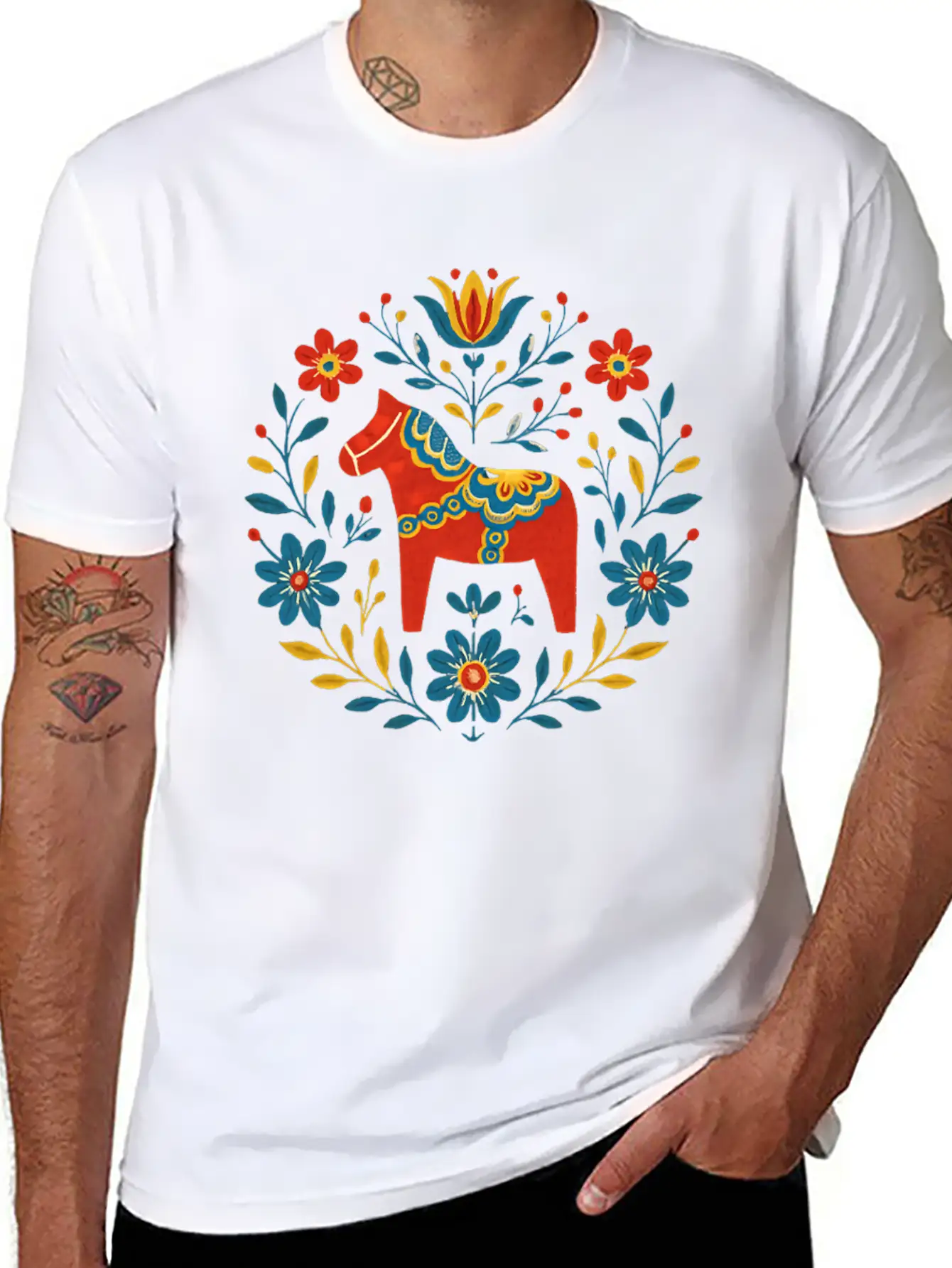 Swedish Dala Horse Folk Art Design Stylish Everyday T-Shirt – Unisex Basic Cotton Tee