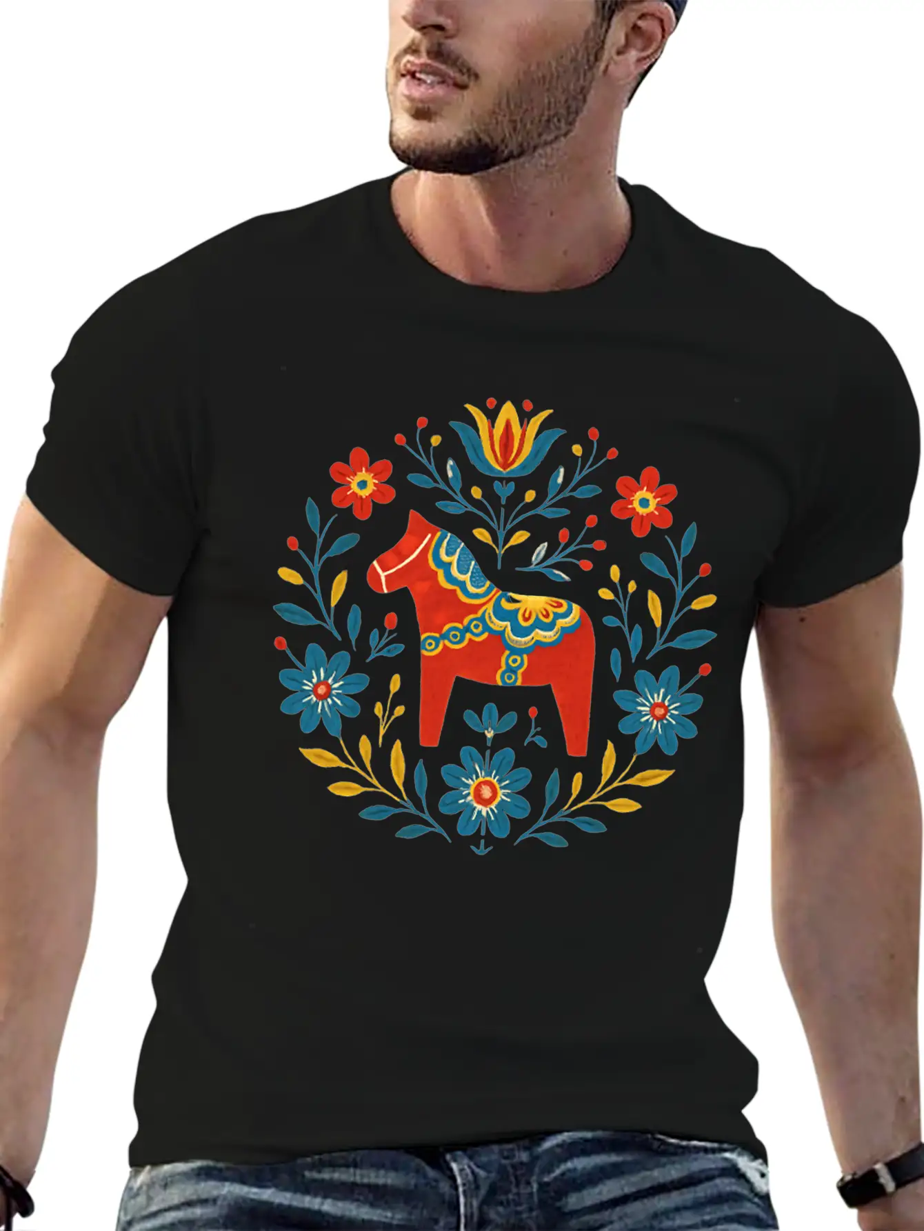 Swedish Dala Horse Folk Art Design Stylish Everyday T-Shirt – Unisex Basic Cotton Tee
