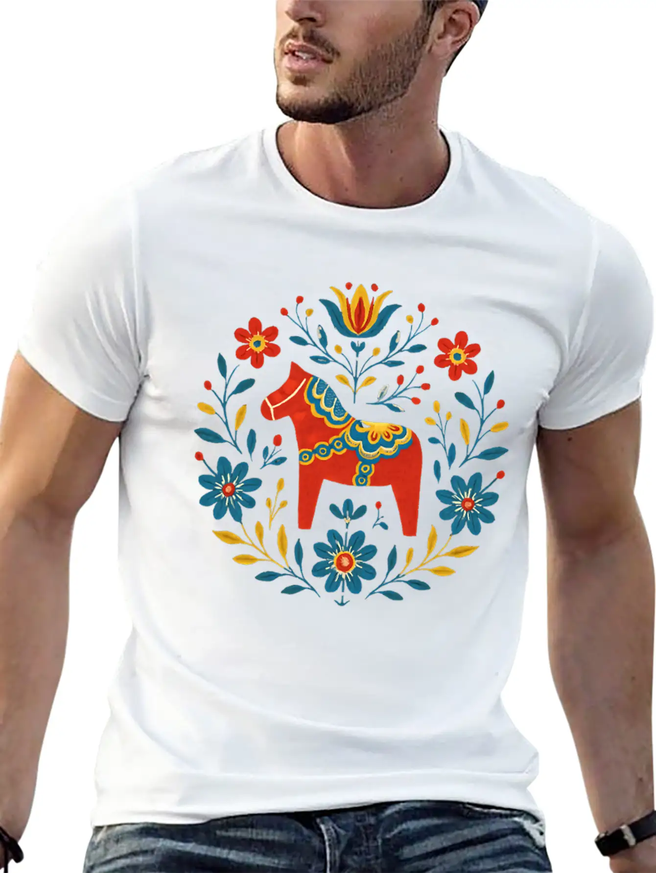 Swedish Dala Horse Folk Art Design Stylish Everyday T-Shirt – Unisex Basic Cotton Tee