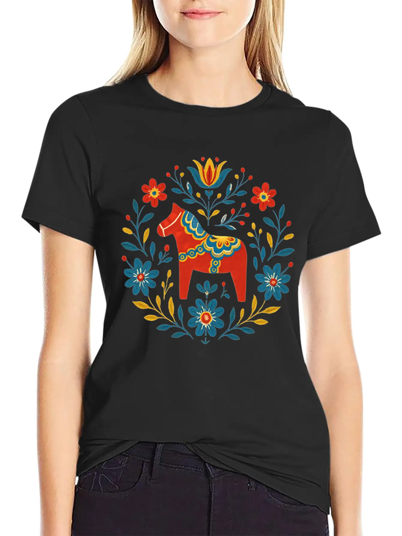 Swedish Dala Horse Folk Art Design Stylish Everyday T-Shirt – Unisex Basic Cotton Tee