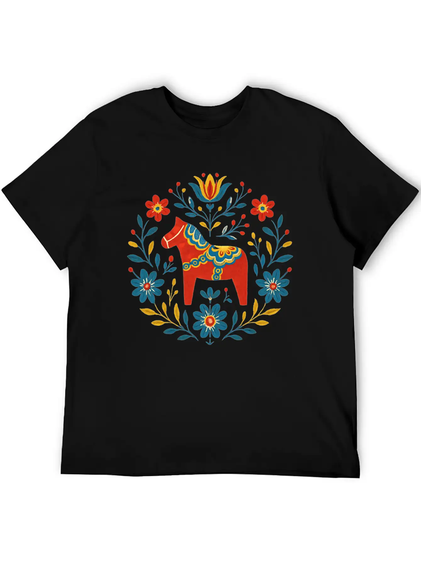 Swedish Dala Horse Folk Art Design Stylish Everyday T-Shirt – Unisex Basic Cotton Tee