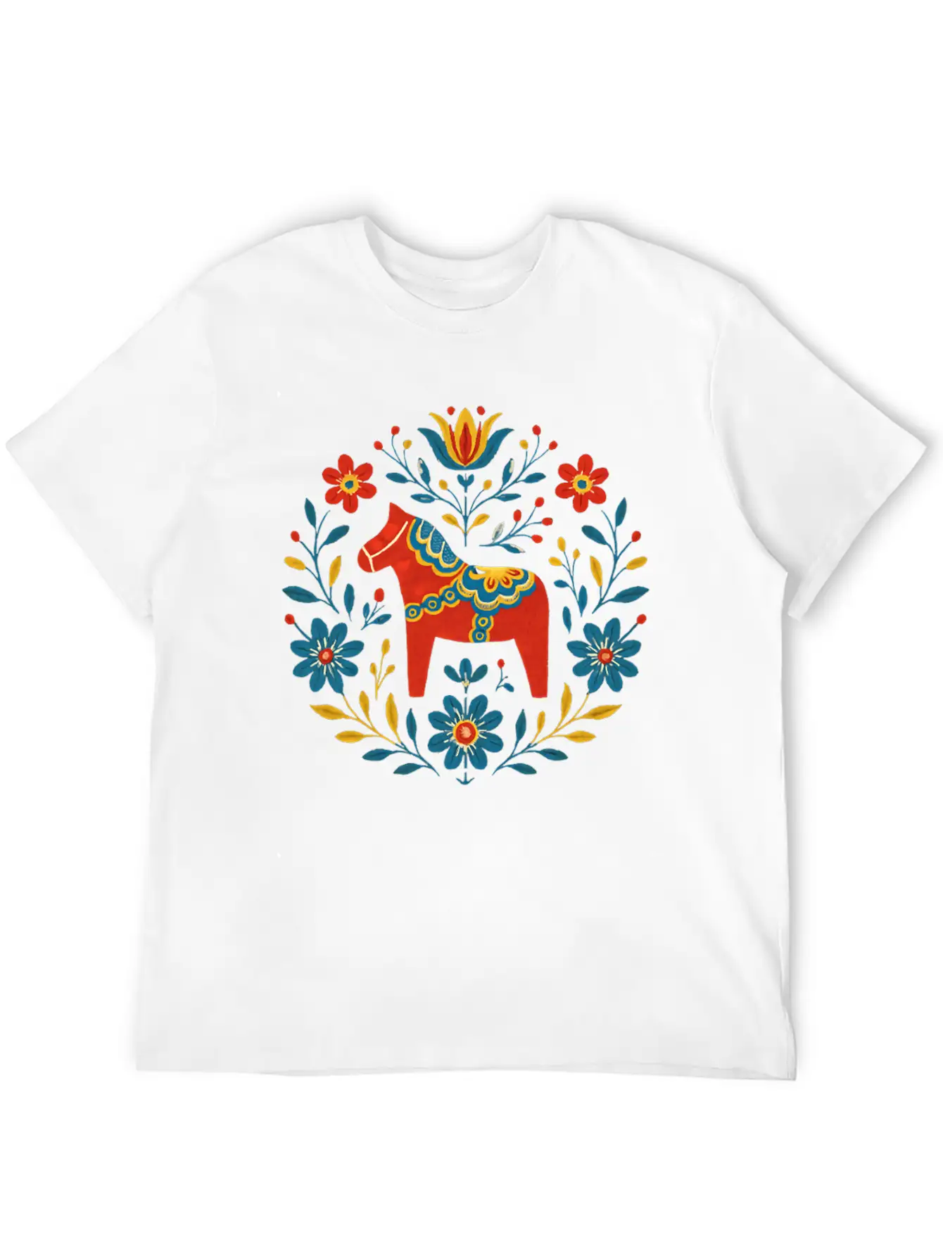 Swedish Dala Horse Folk Art Design Stylish Everyday T-Shirt – Unisex Basic Cotton Tee