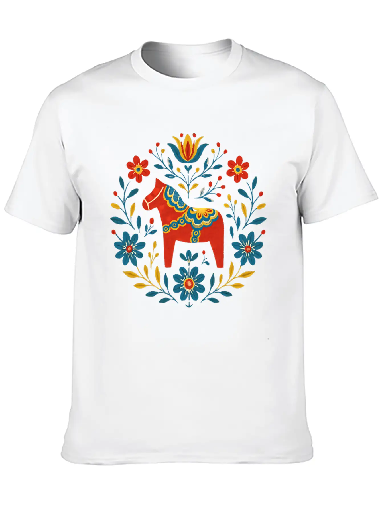 Swedish Dala Horse Folk Art Design Stylish Everyday T-Shirt – Unisex Basic Cotton Tee