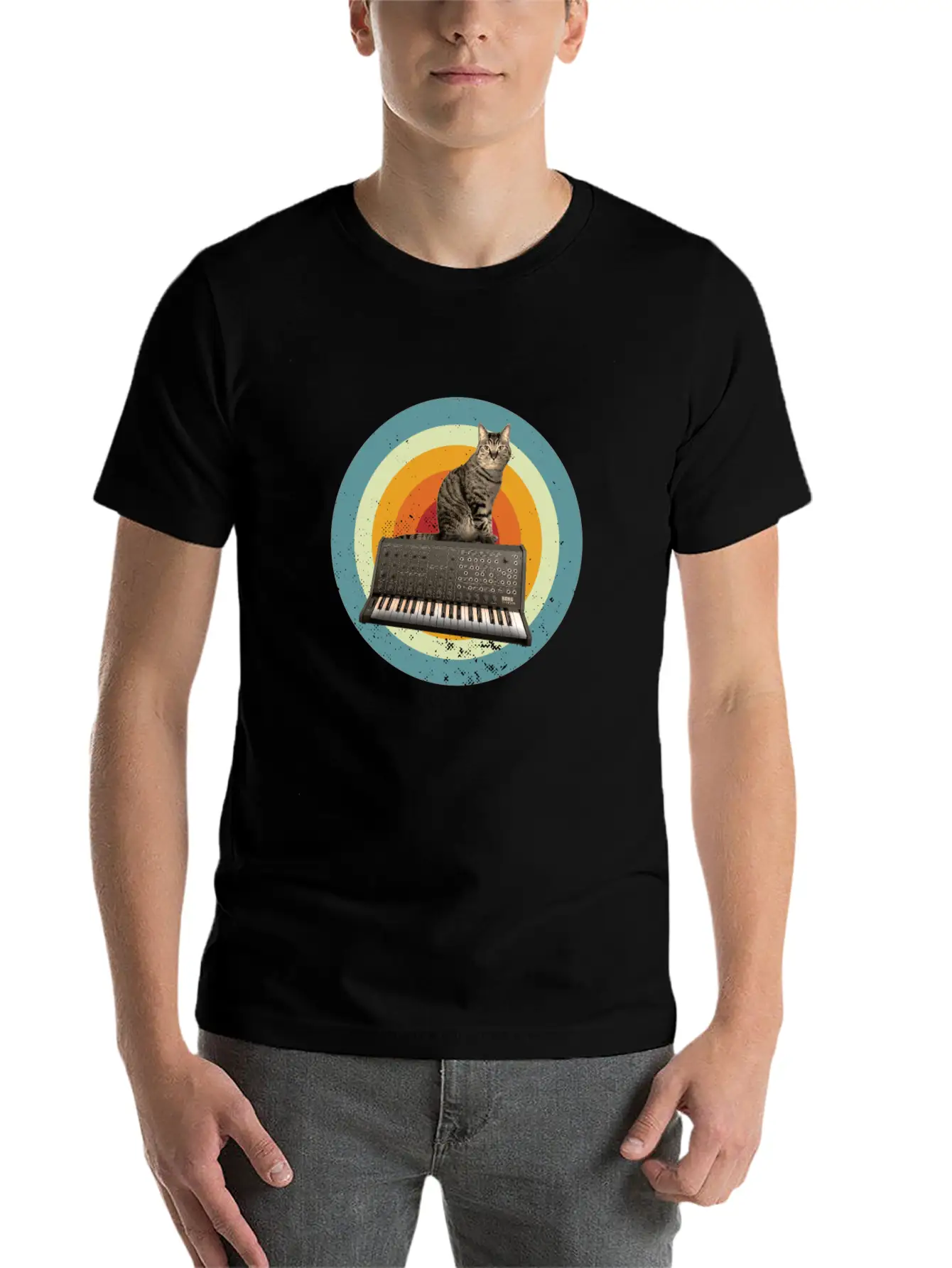 Synth Cat Keyboard Analog Drum Machine Synthesizer Stylish Everyday T-Shirt – Unisex Basic Cotton Tee