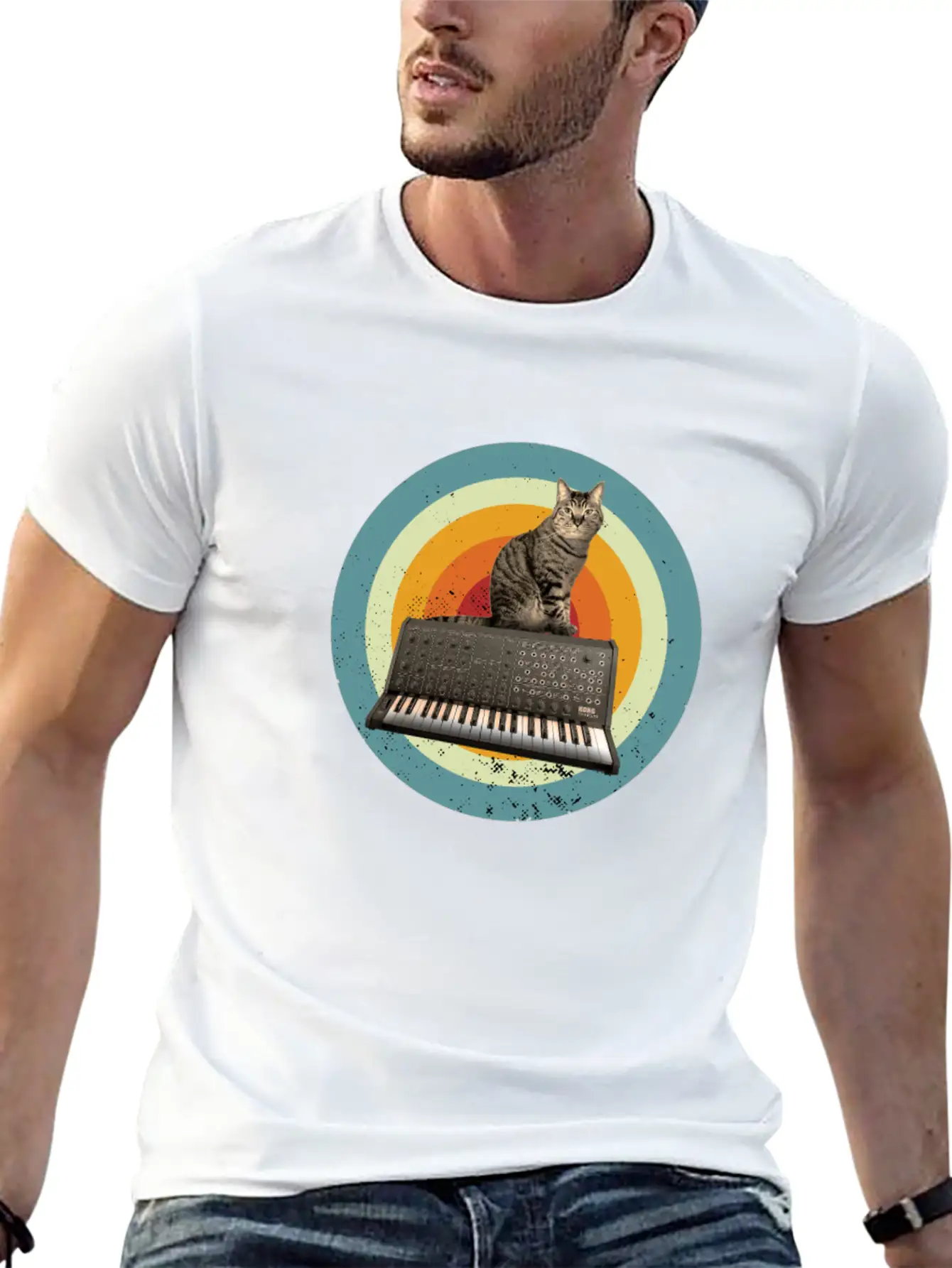 Synth Cat Keyboard Analog Drum Machine Synthesizer Stylish Everyday T-Shirt – Unisex Basic Cotton Tee