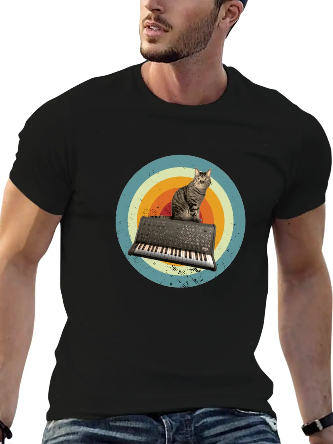 Synth Cat Keyboard Analog Drum Machine Synthesizer Stylish Everyday T-Shirt – Unisex Basic Cotton Tee