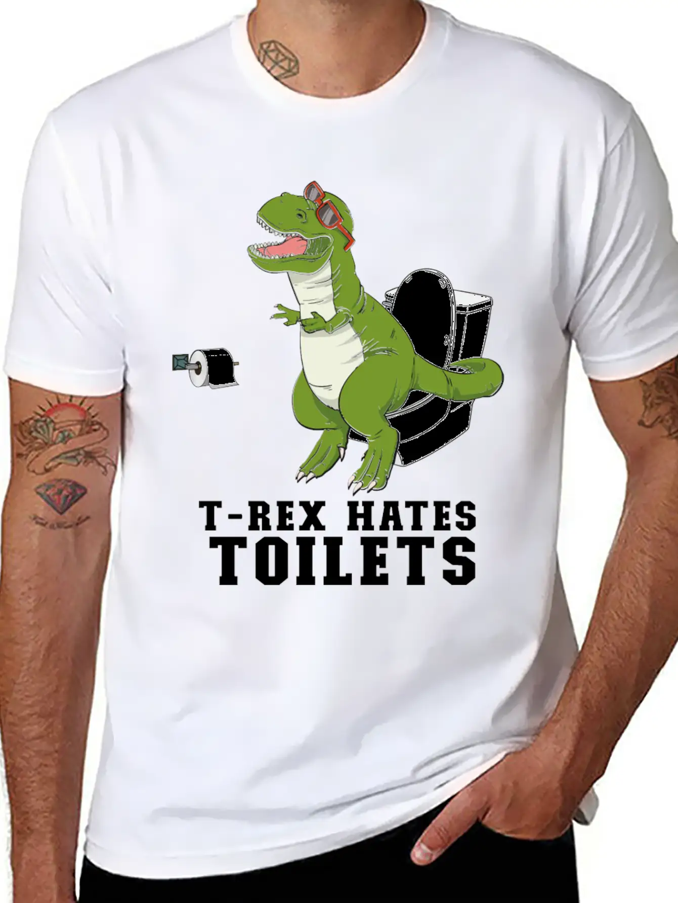 T Rex Hates Toilets - Crap Toilet Paper Bathroom Timeless Short Sleeve Tee – Comfy And Minimalist Design
